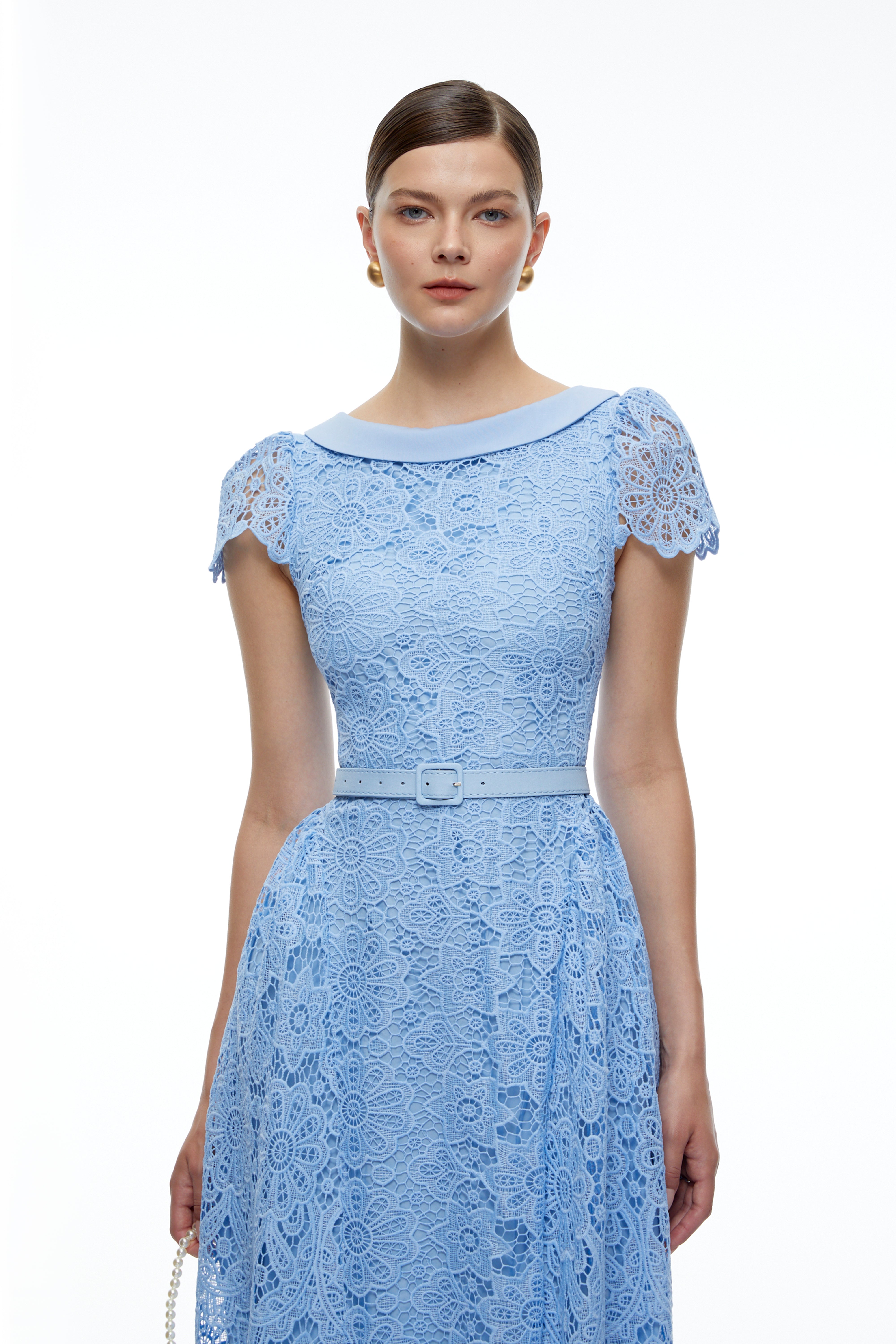 Jocelyn Blue Lace Short Sleeve Belted Midi Dress