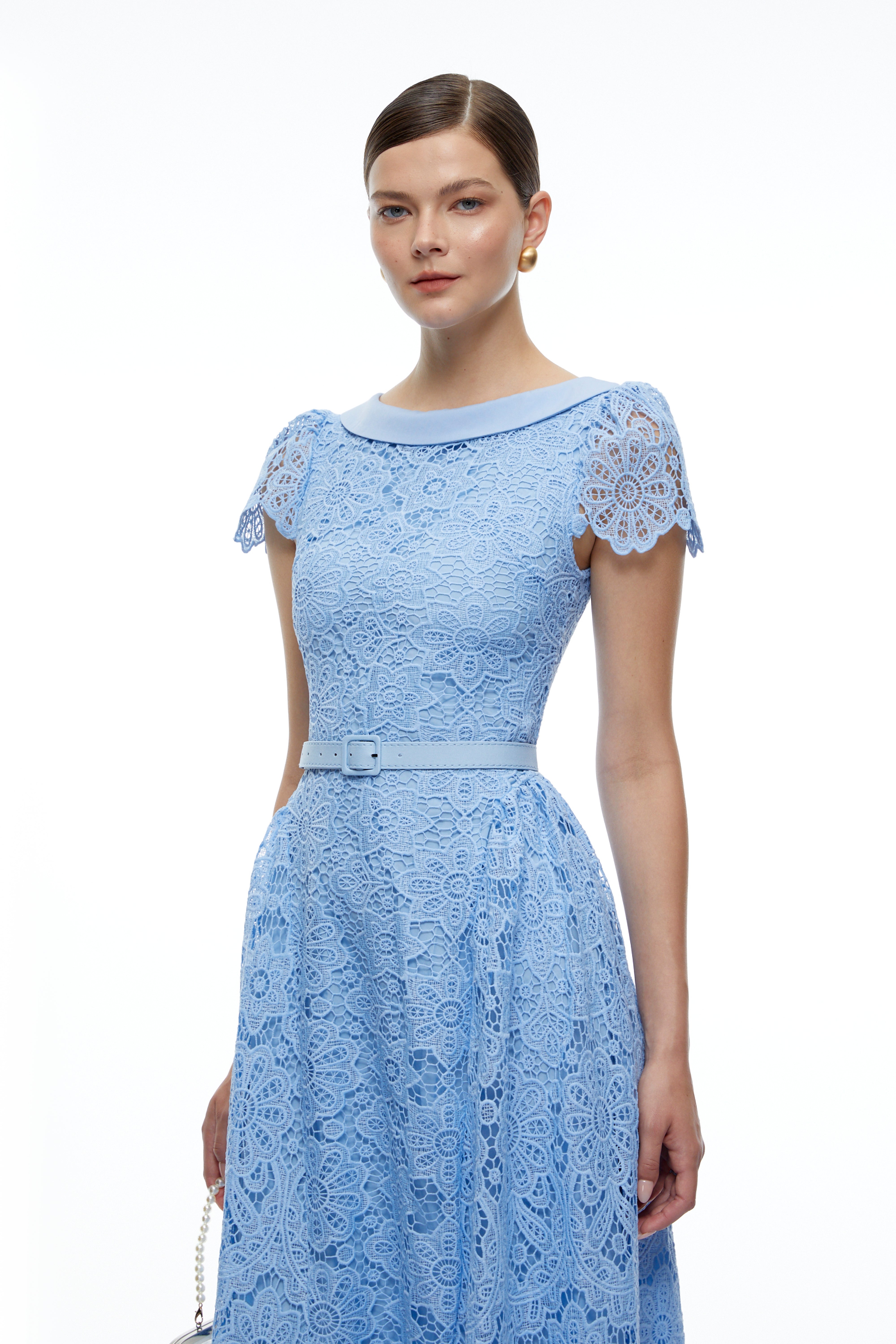 Jocelyn Blue Lace Short Sleeve Belted Midi Dress