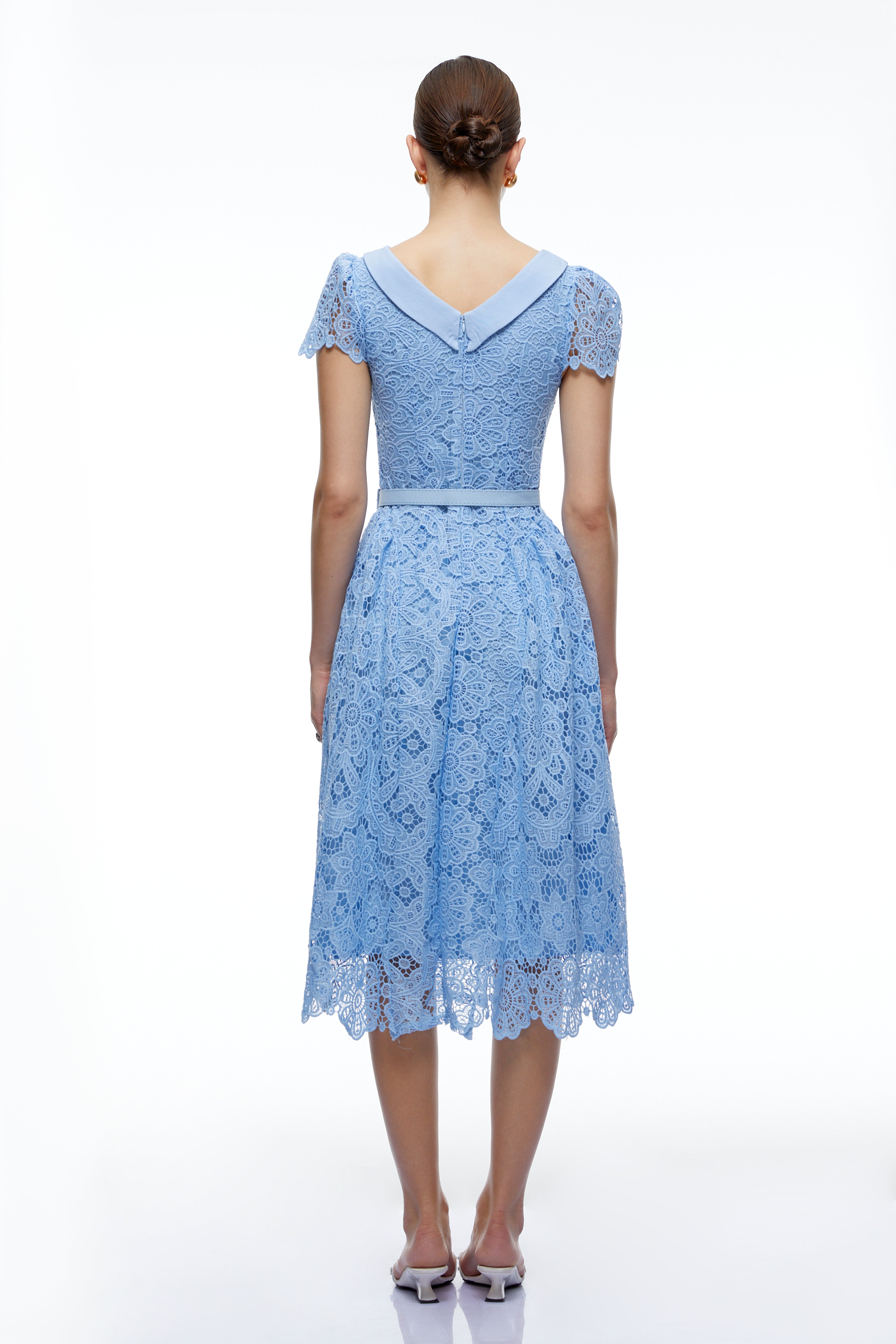 Jocelyn Blue Lace Short Sleeve Belted Midi Dress