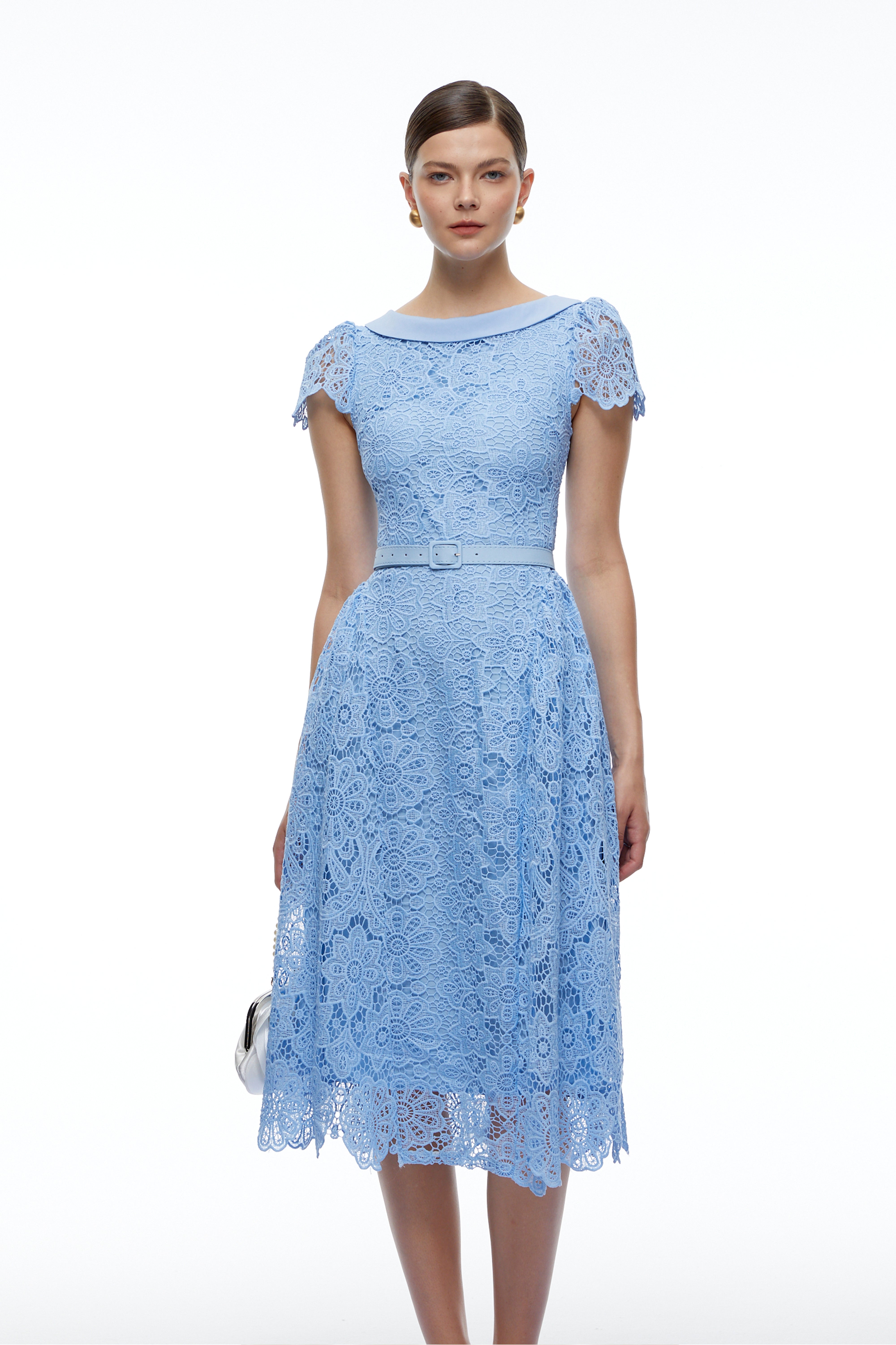Jocelyn Blue Lace Short Sleeve Belted Midi Dress
