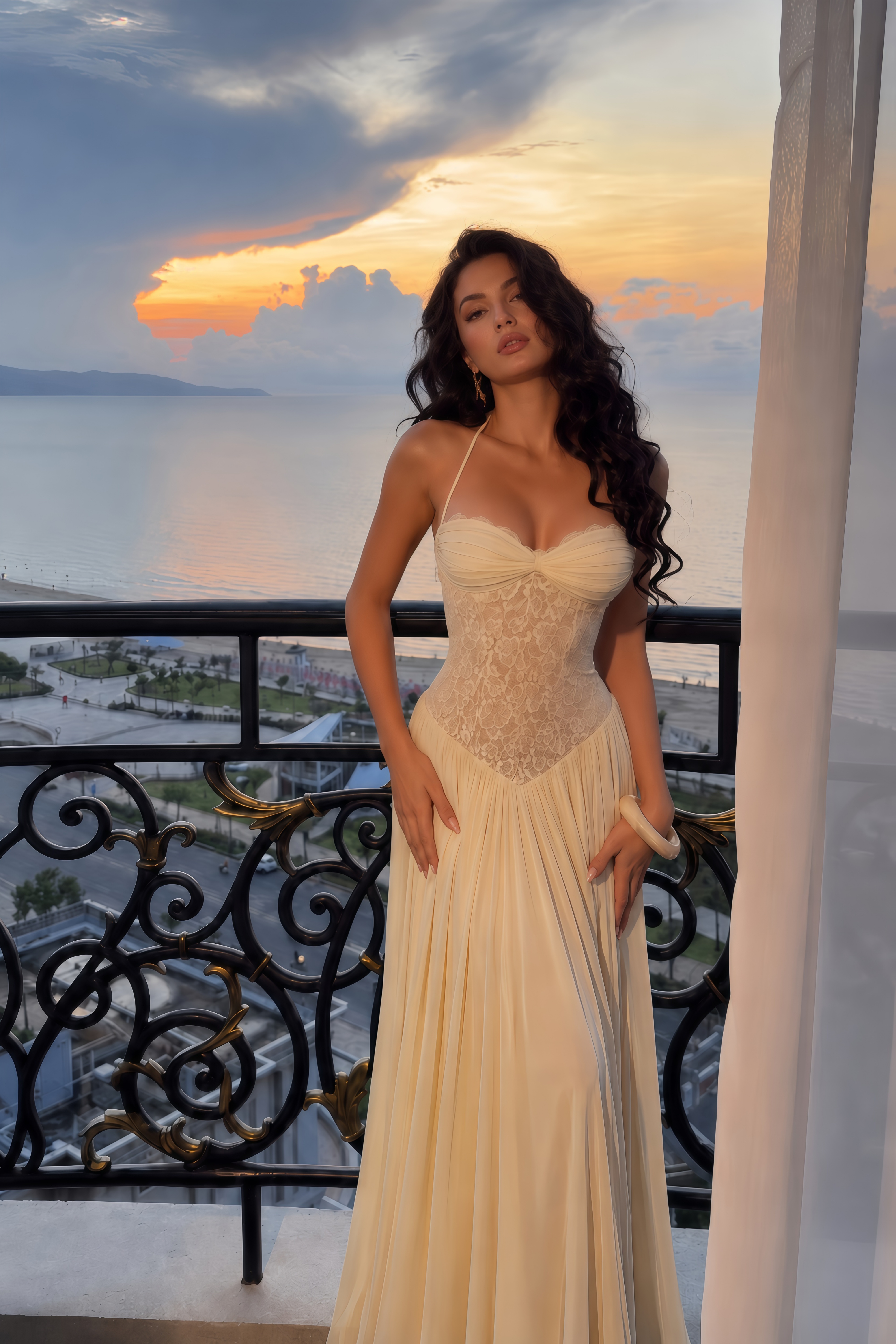 Joelle Yellow Halterneck Lace Corset Maxi Dress