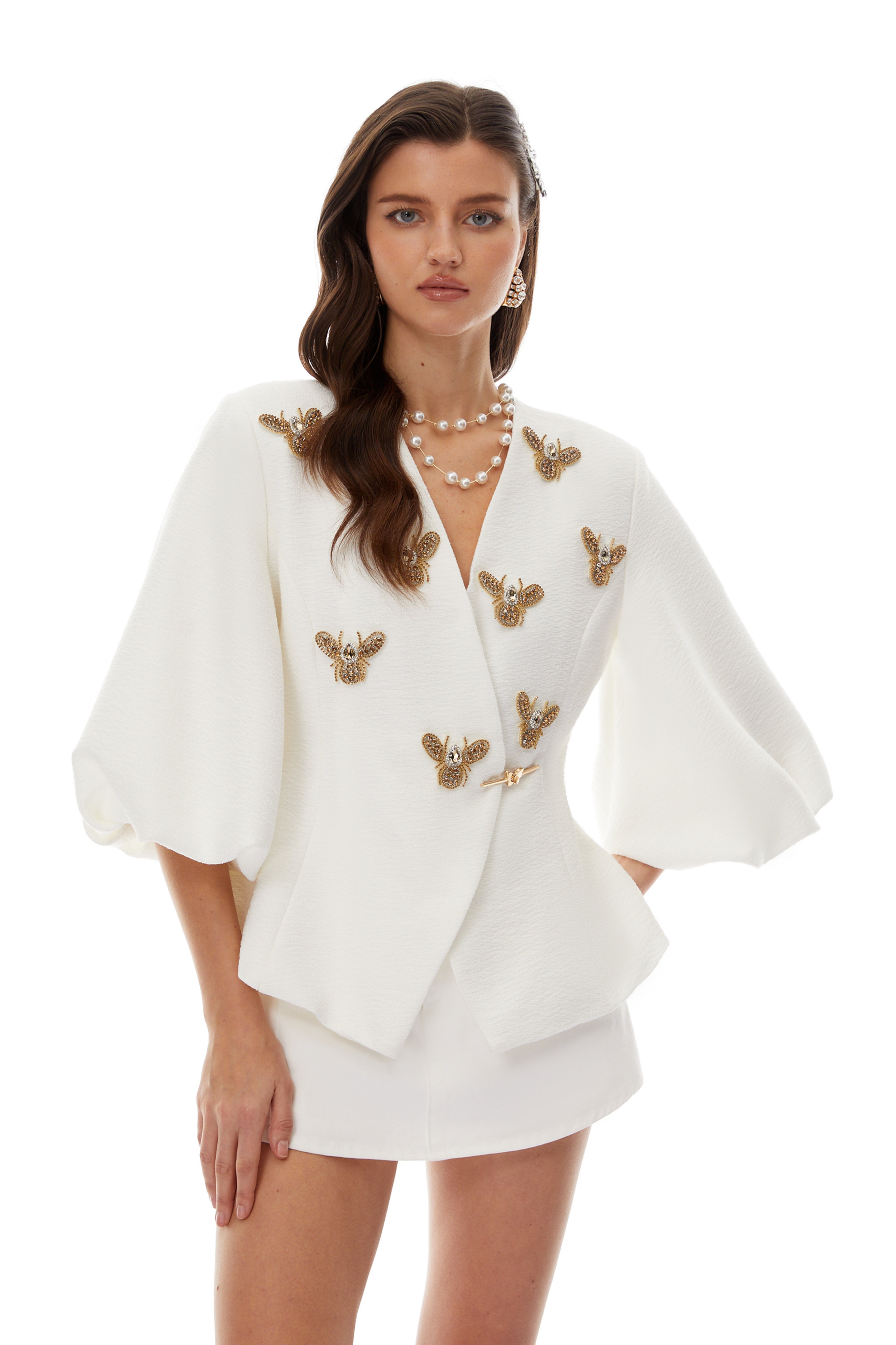 White Embellished Wrap Blouse
