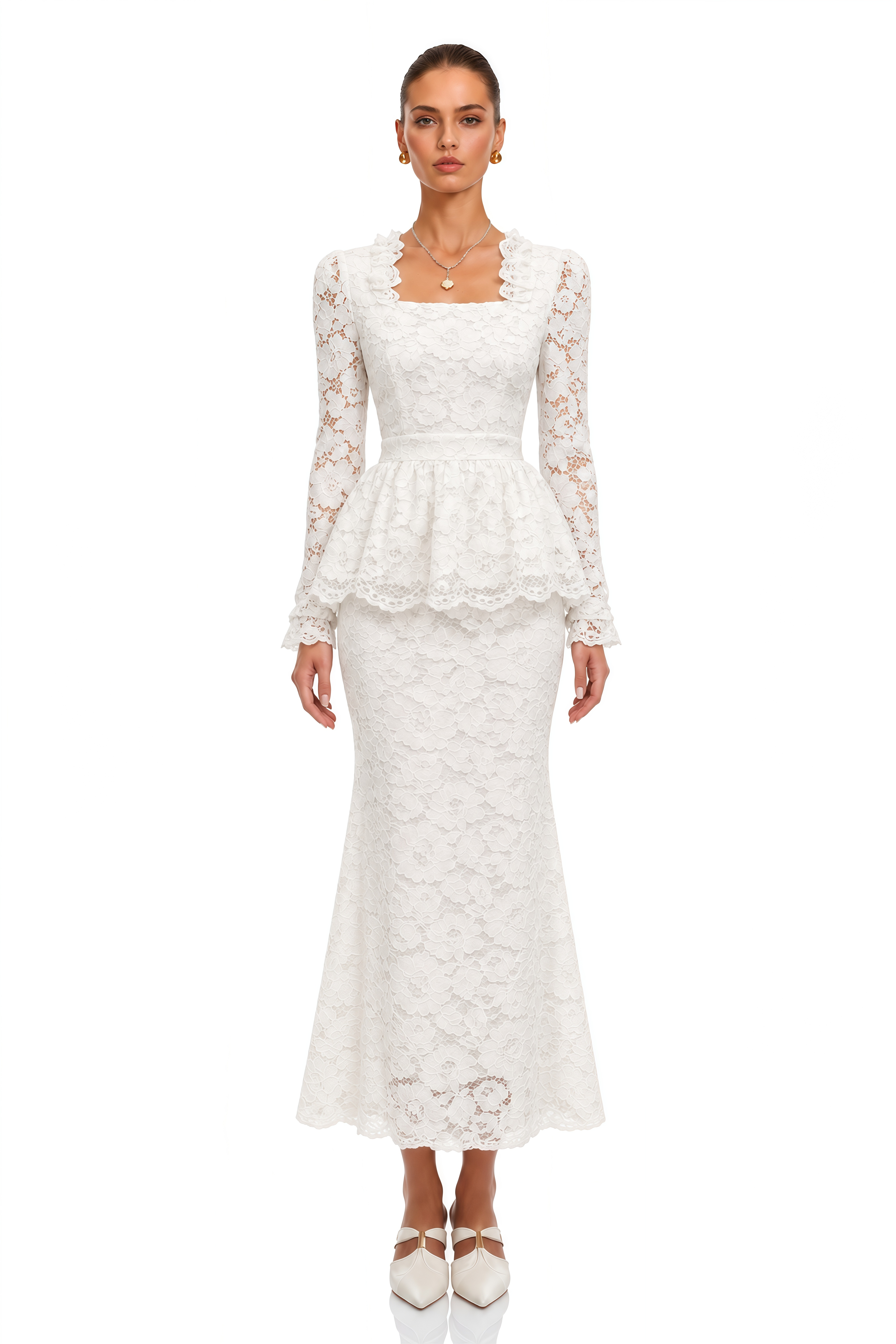 Josefina White Lace Long Sleeve Peplum Blouse & Midi Skirt Set
