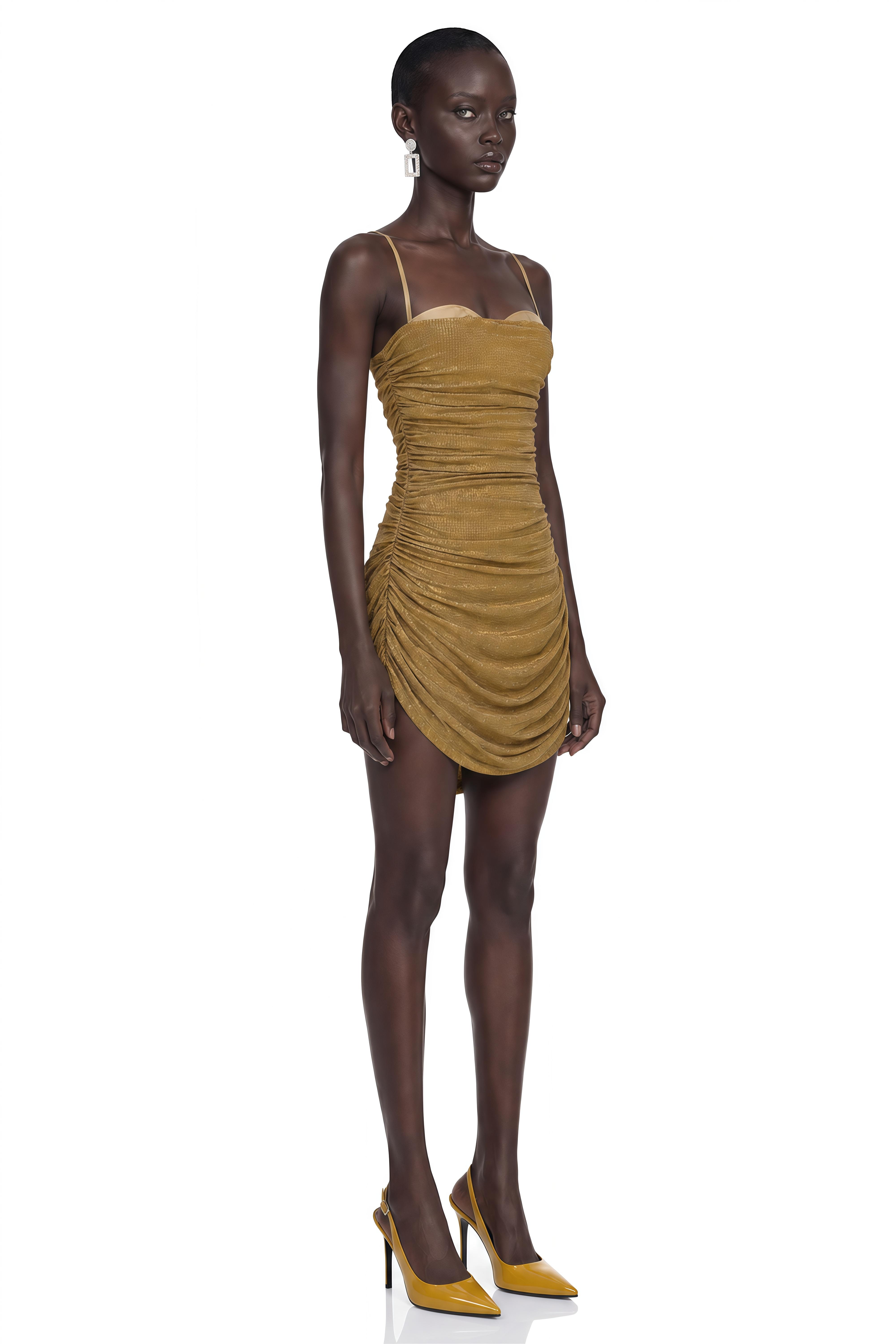 Josephine Gold Embellished Ruched Spaghetti Strap Mini Dress