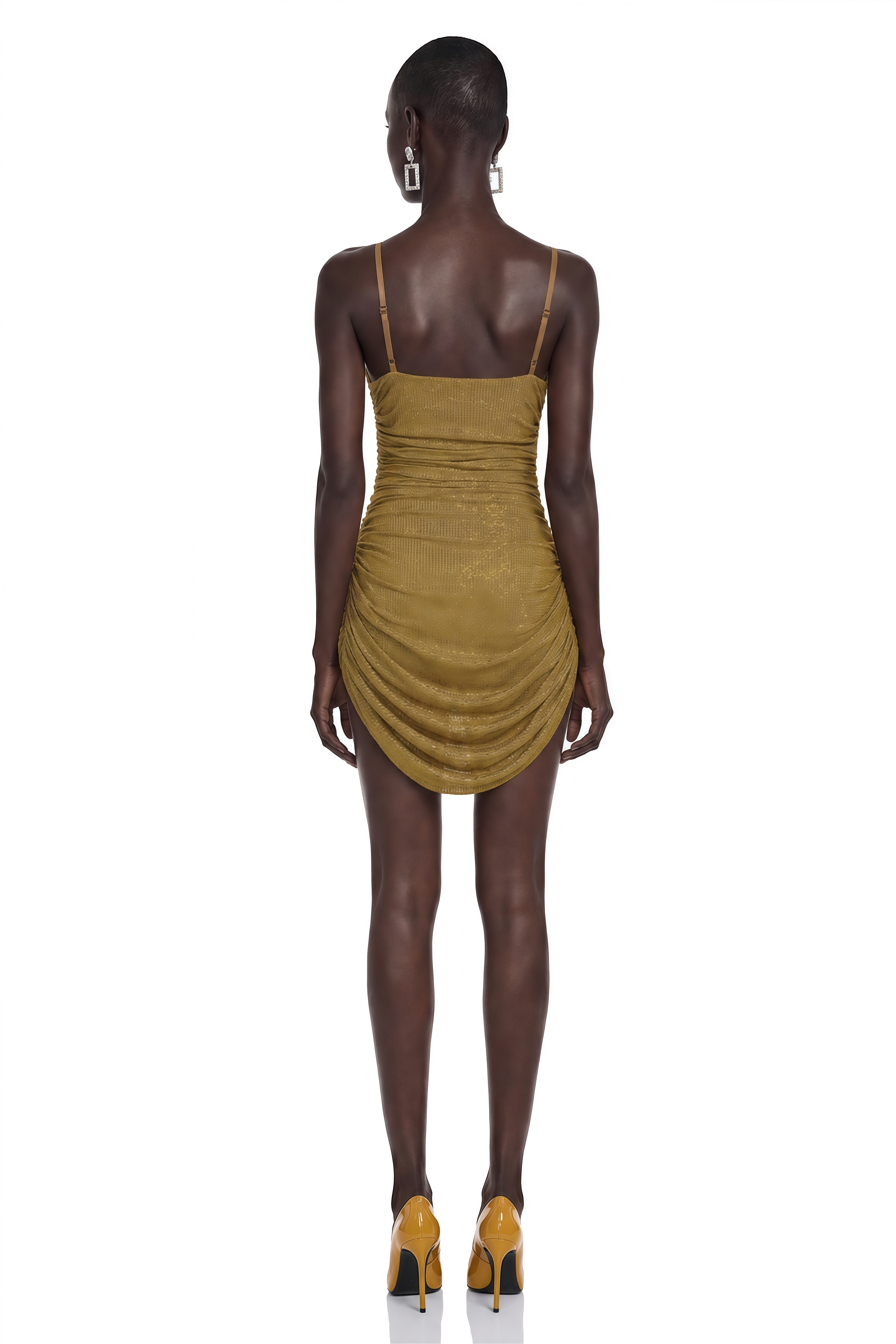 Josephine Gold Embellished Ruched Spaghetti Strap Mini Dress
