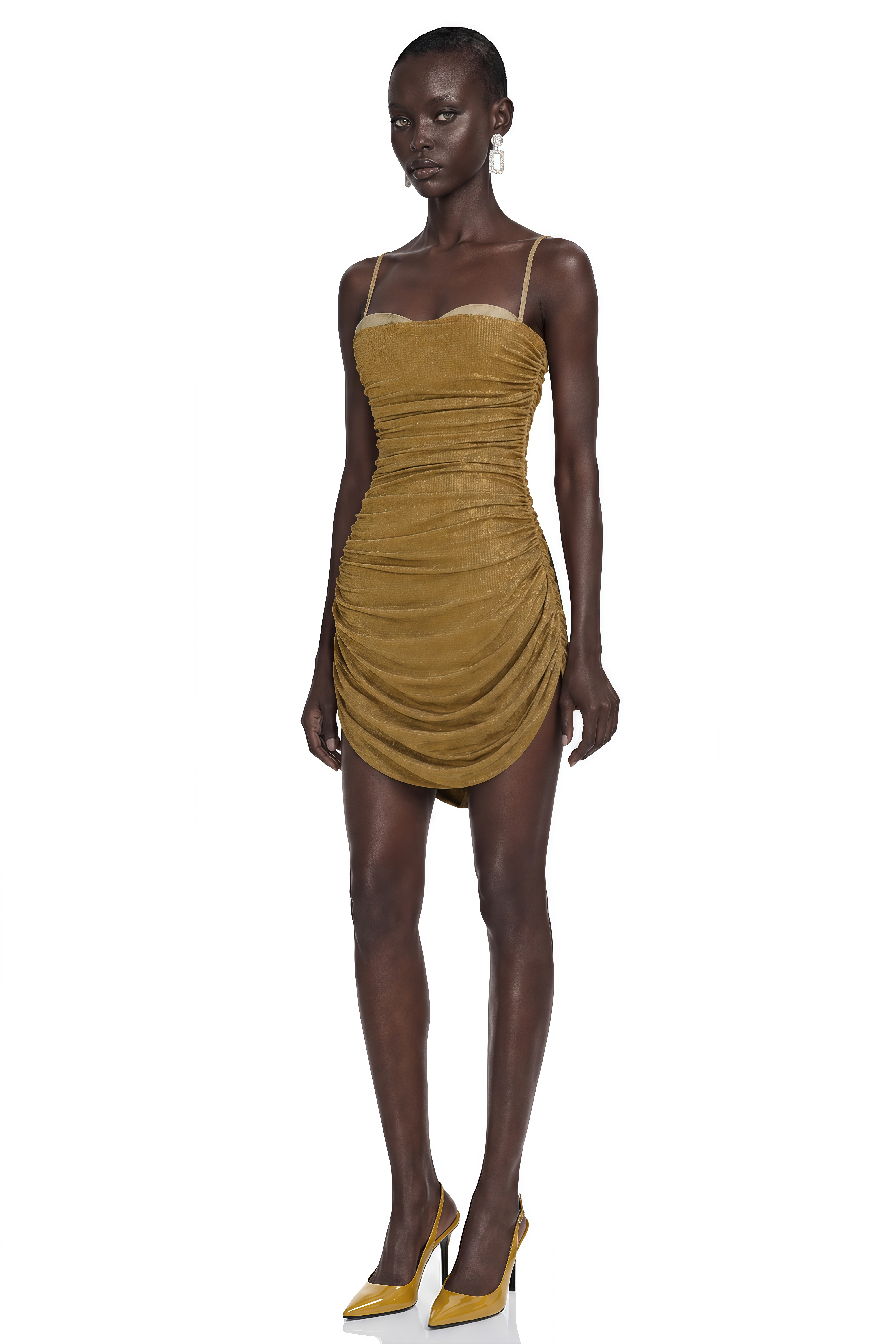 Josephine Gold Embellished Ruched Spaghetti Strap Mini Dress