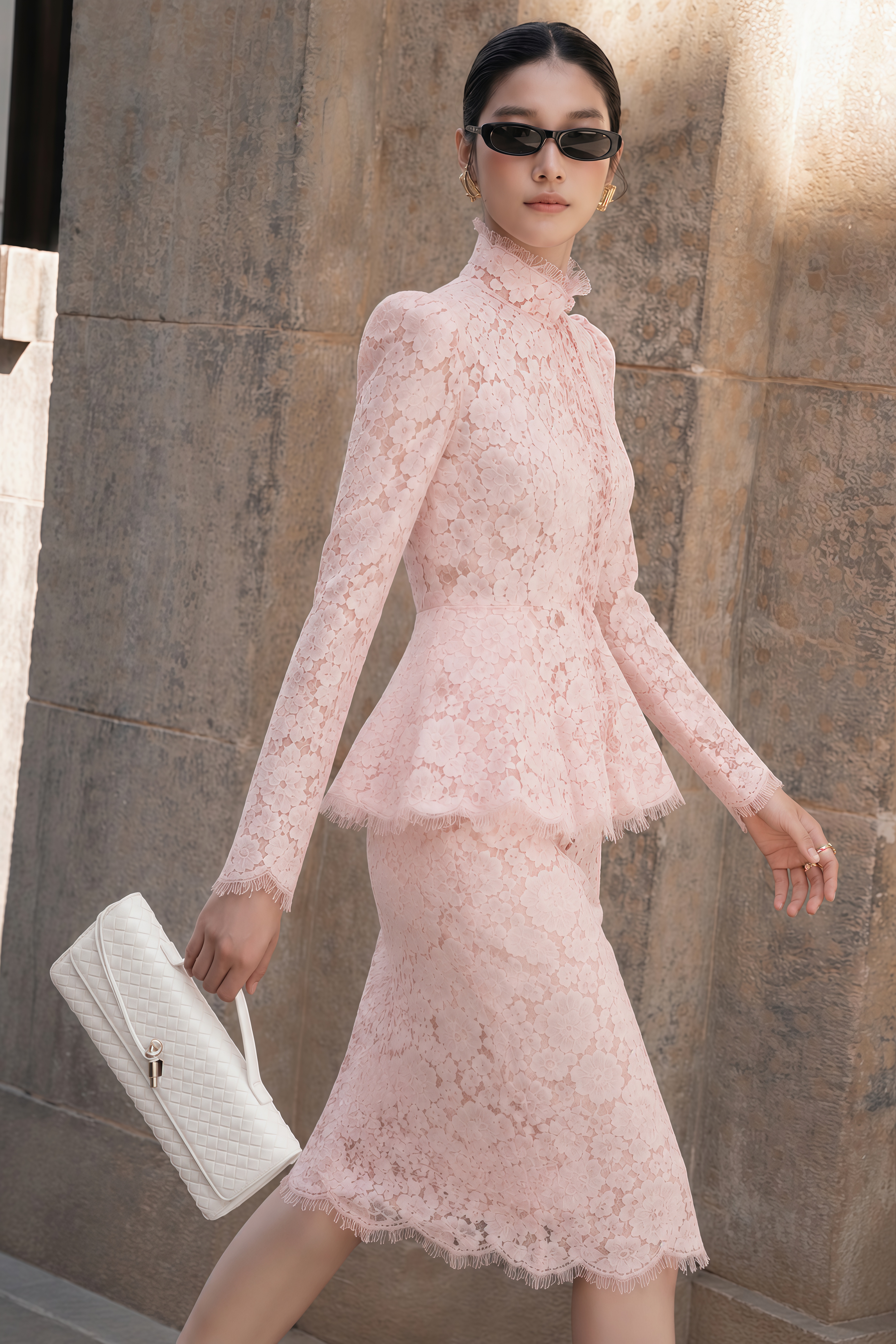 Josie Pink Lace High Neck Blouse & Skirt Set