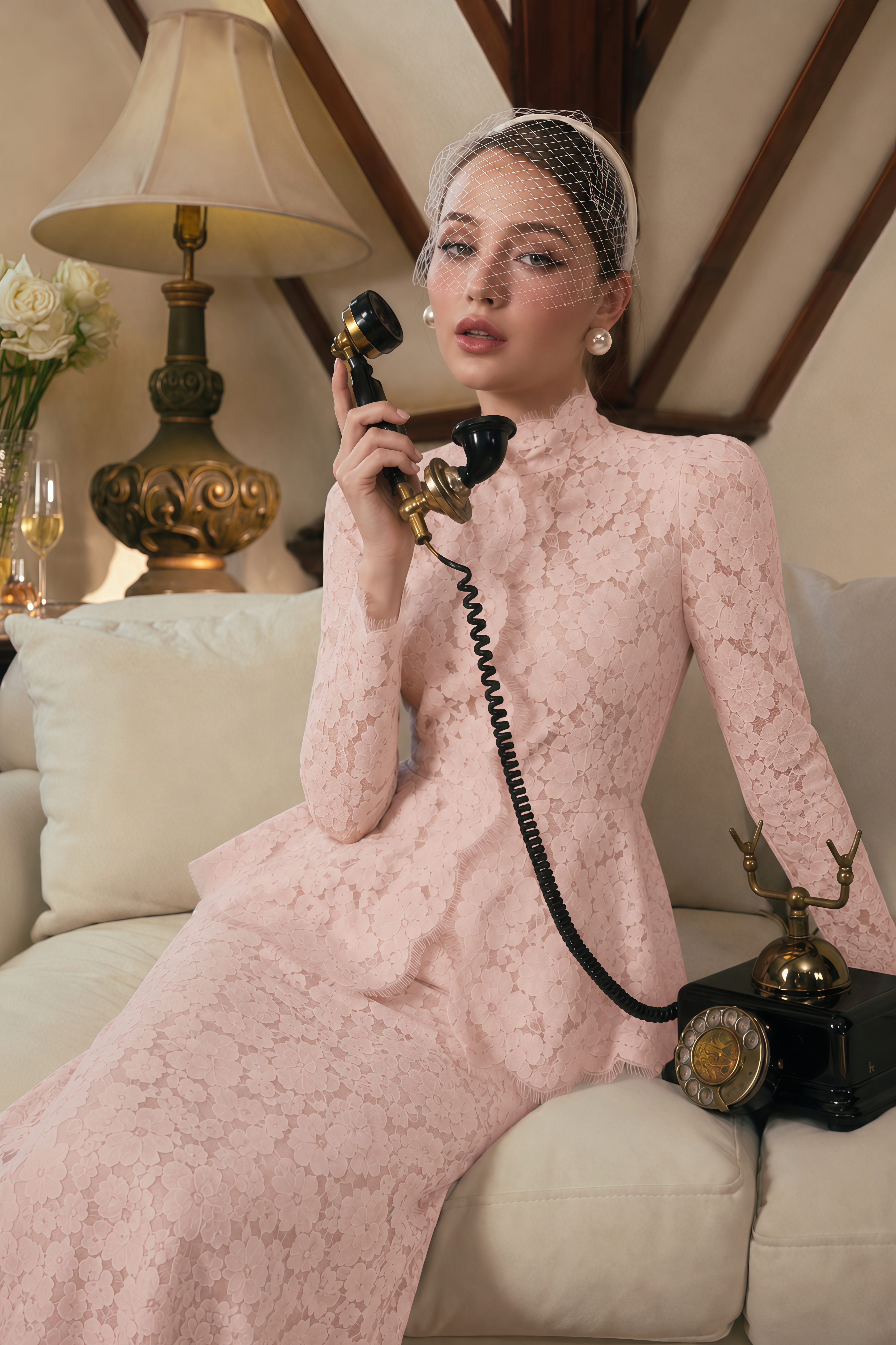 Josie Pink Lace High Neck Blouse & Skirt Set