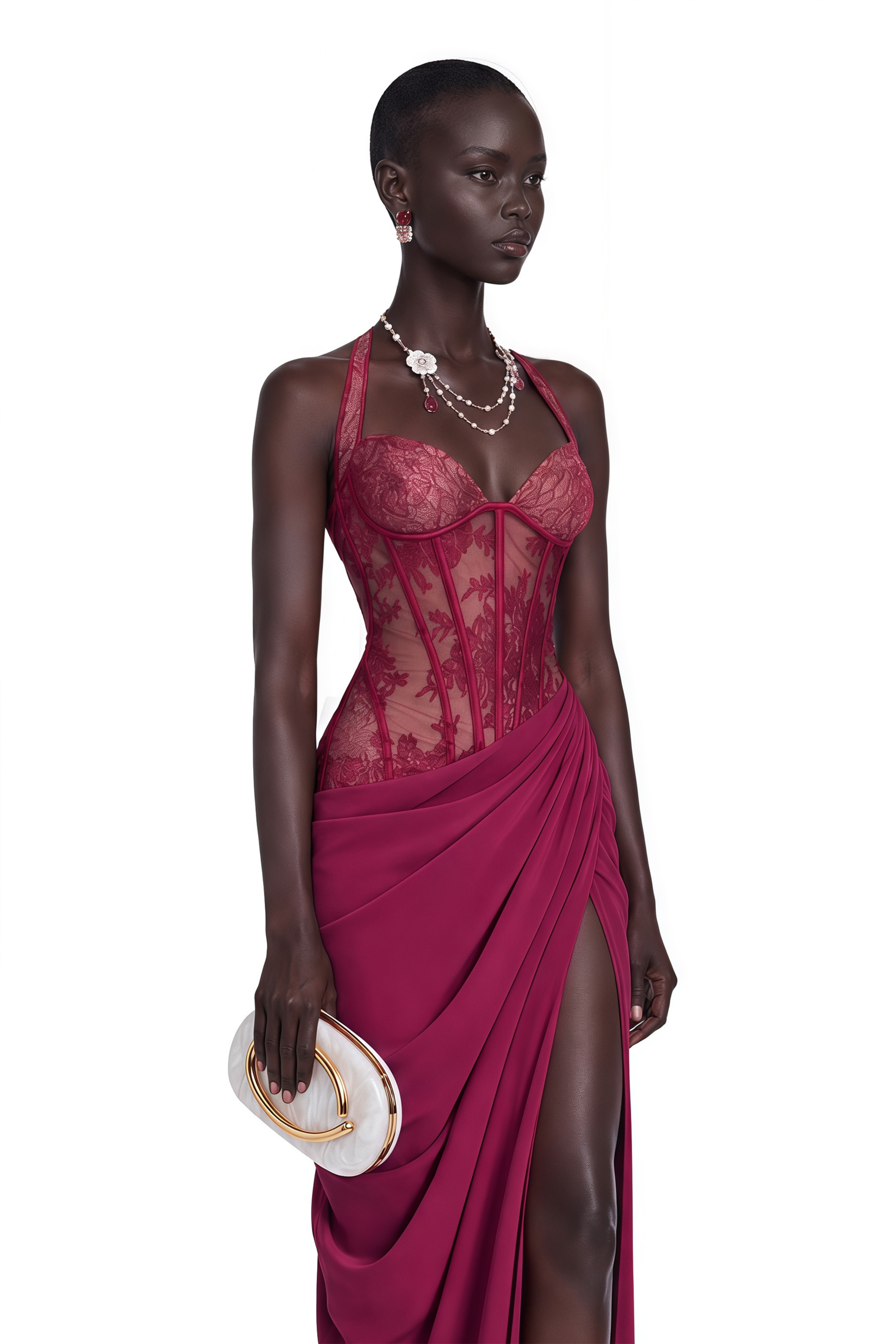 Jovianna Red Halterneck Maxi Dress with Lace Panels