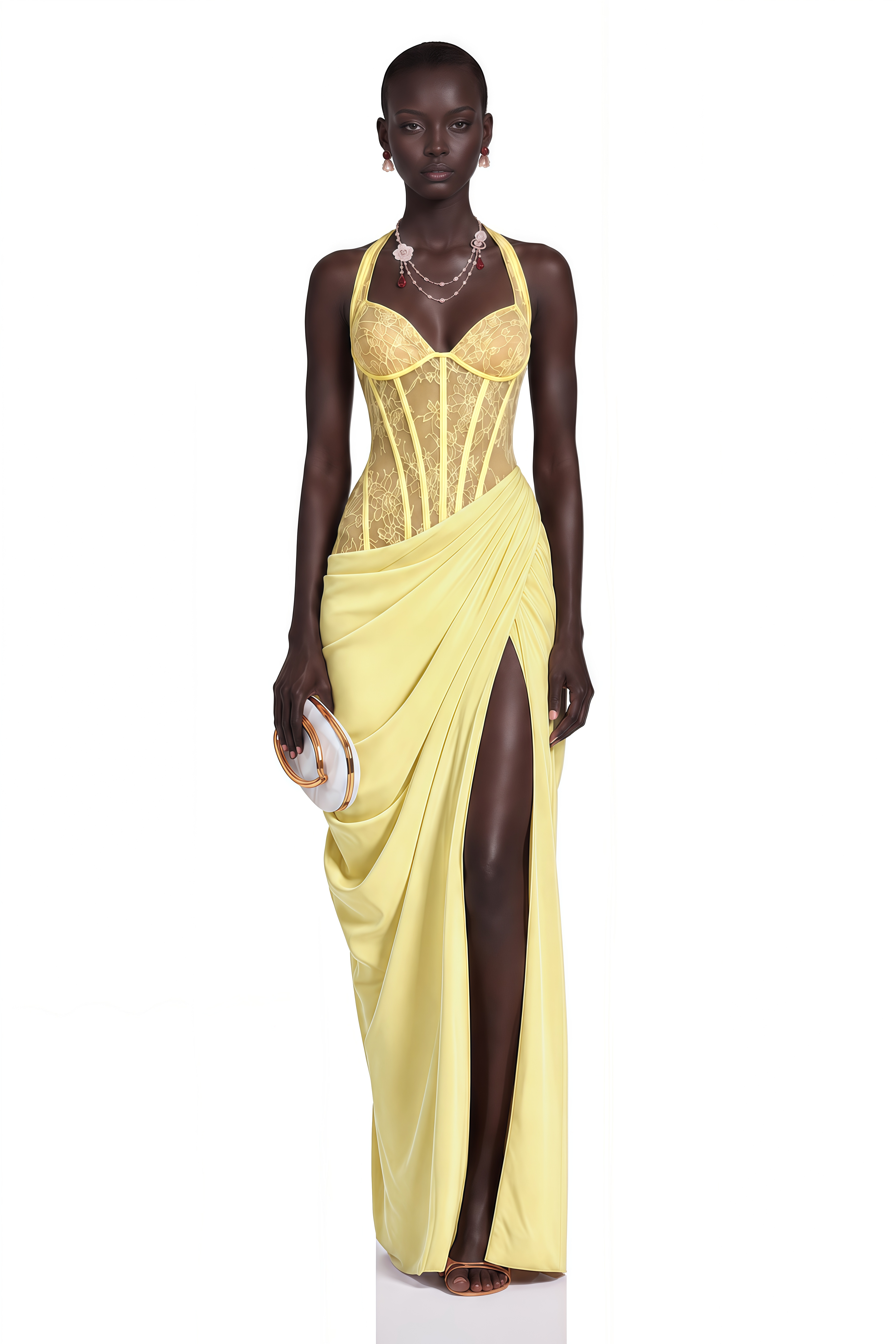 Jovianna Yellow Halterneck Maxi Dress with Lace Panels