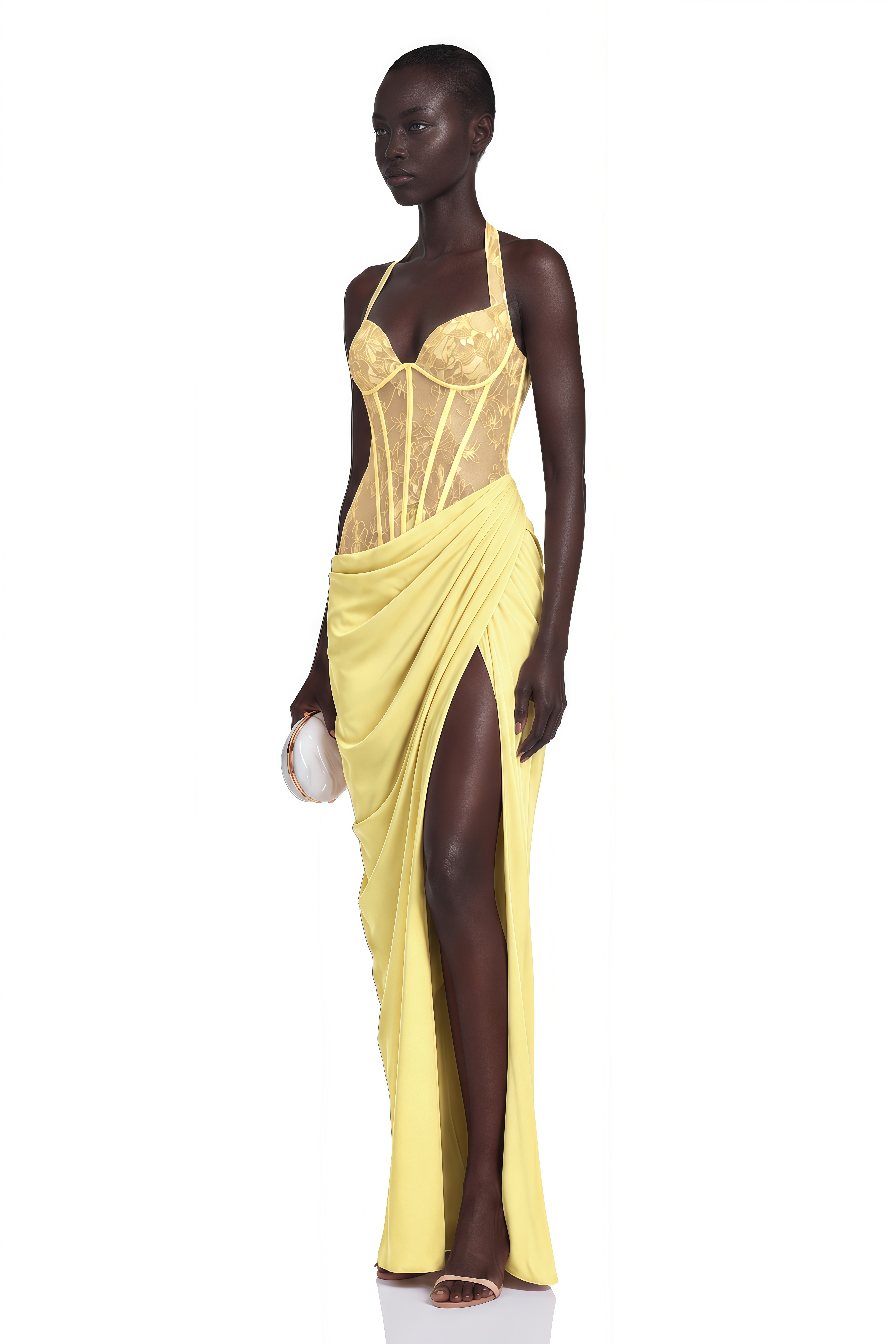 Jovianna Yellow Halterneck Maxi Dress with Lace Panels