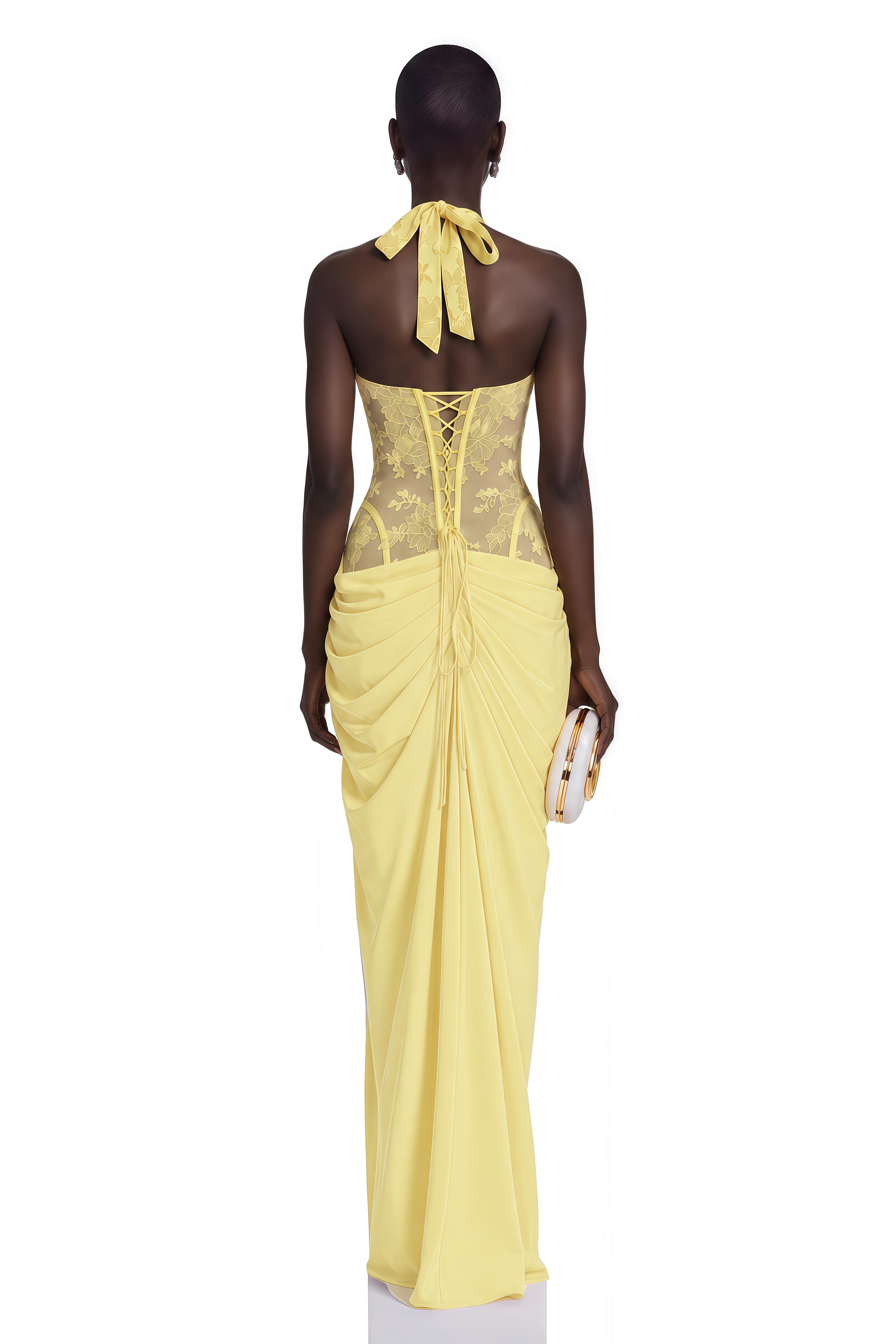 Jovianna Yellow Halterneck Maxi Dress with Lace Panels