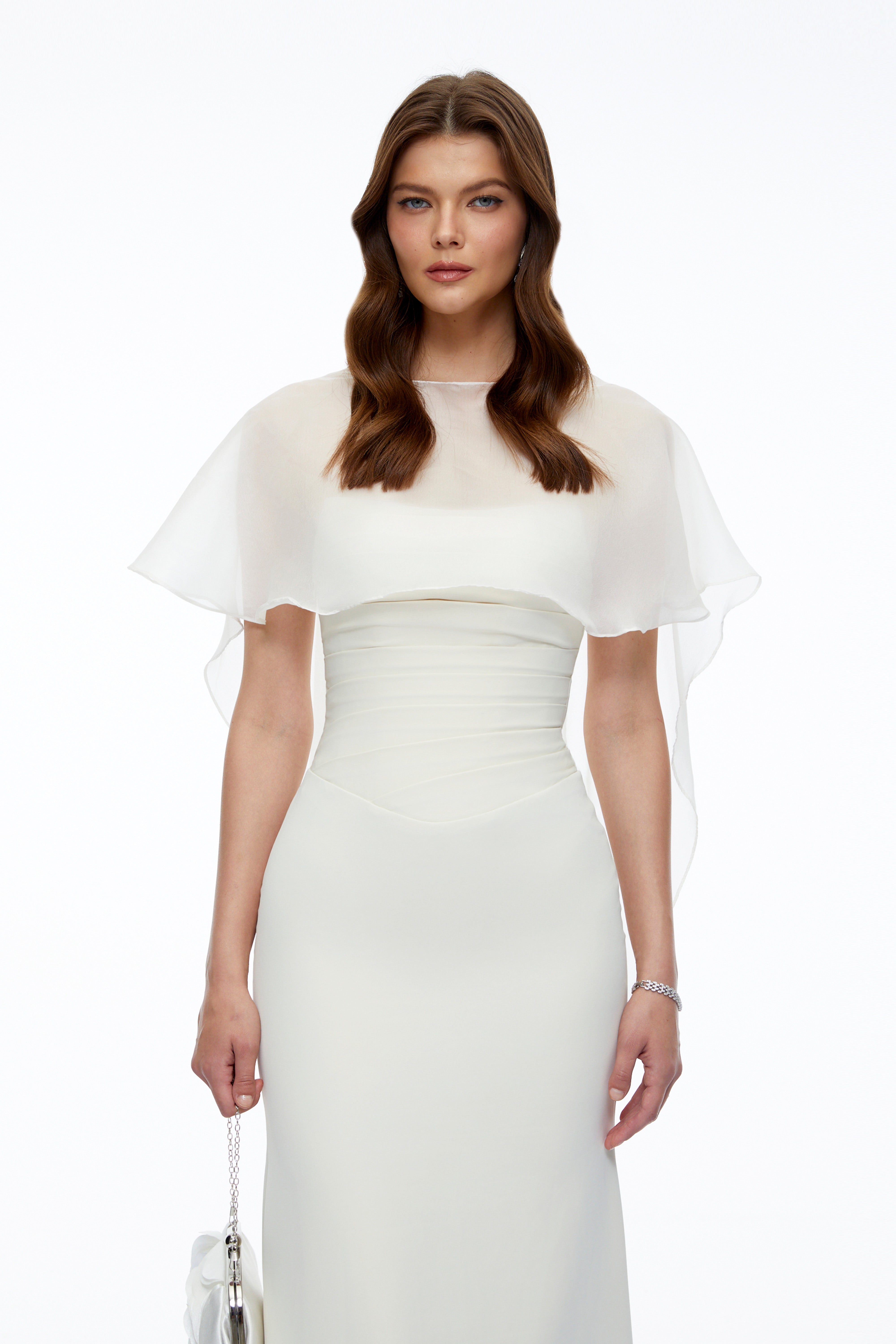 Jovianna Cream Draped Ruched Maxi Dress with Tulle