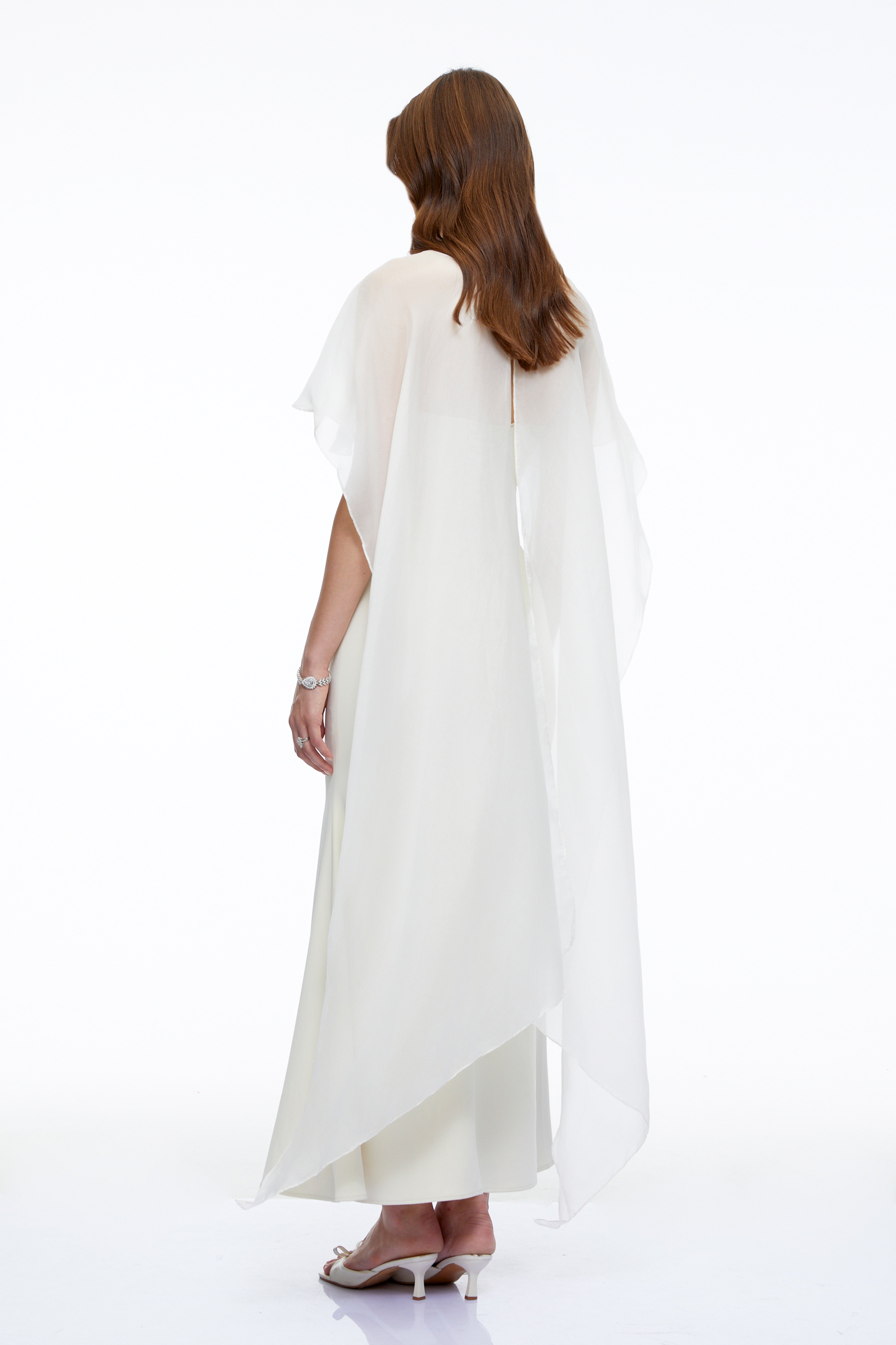 Jovianna Cream Draped Ruched Maxi Dress with Tulle