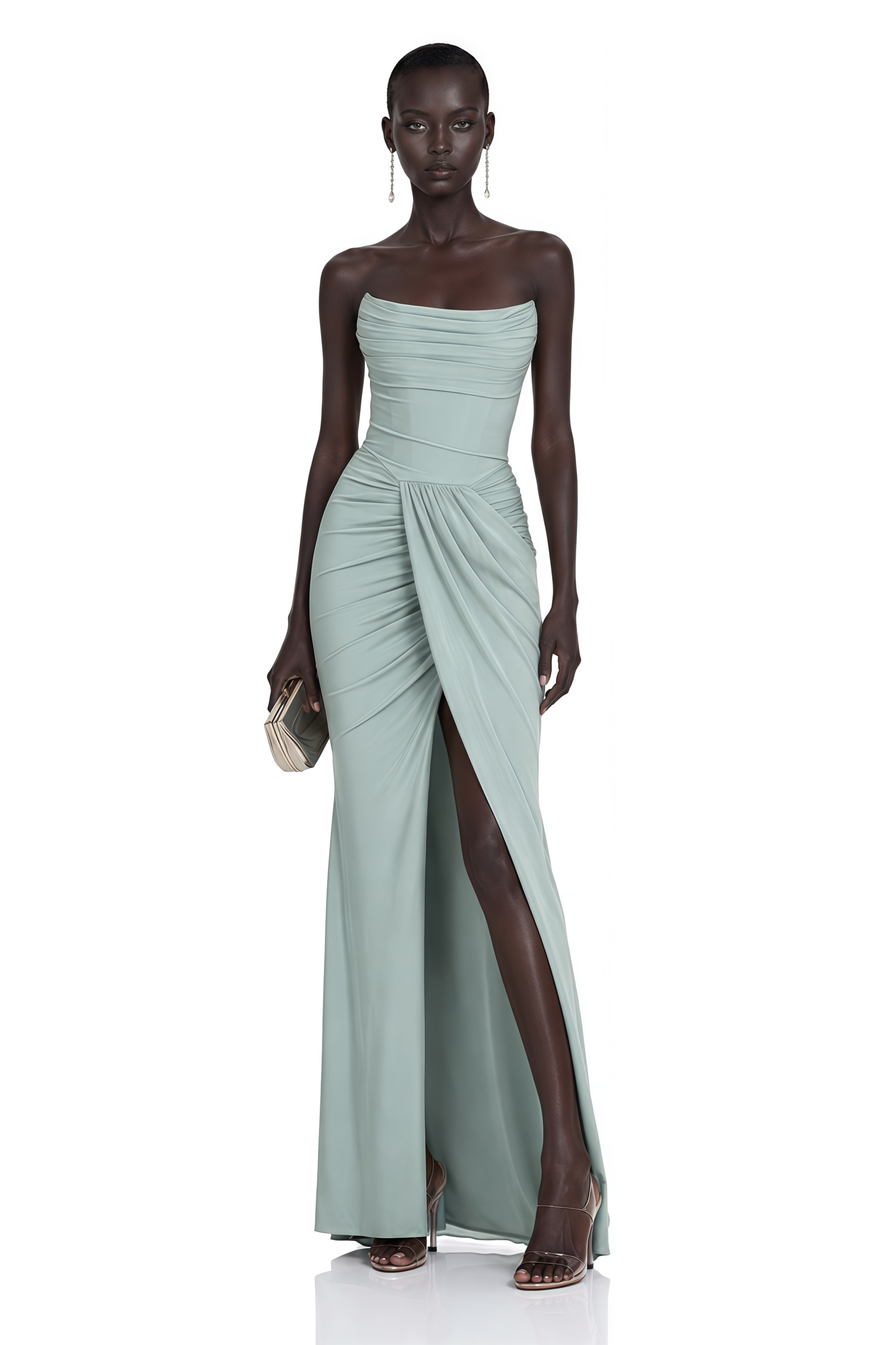 Jovie Sage Green Ruched Maxi Dress with Slit