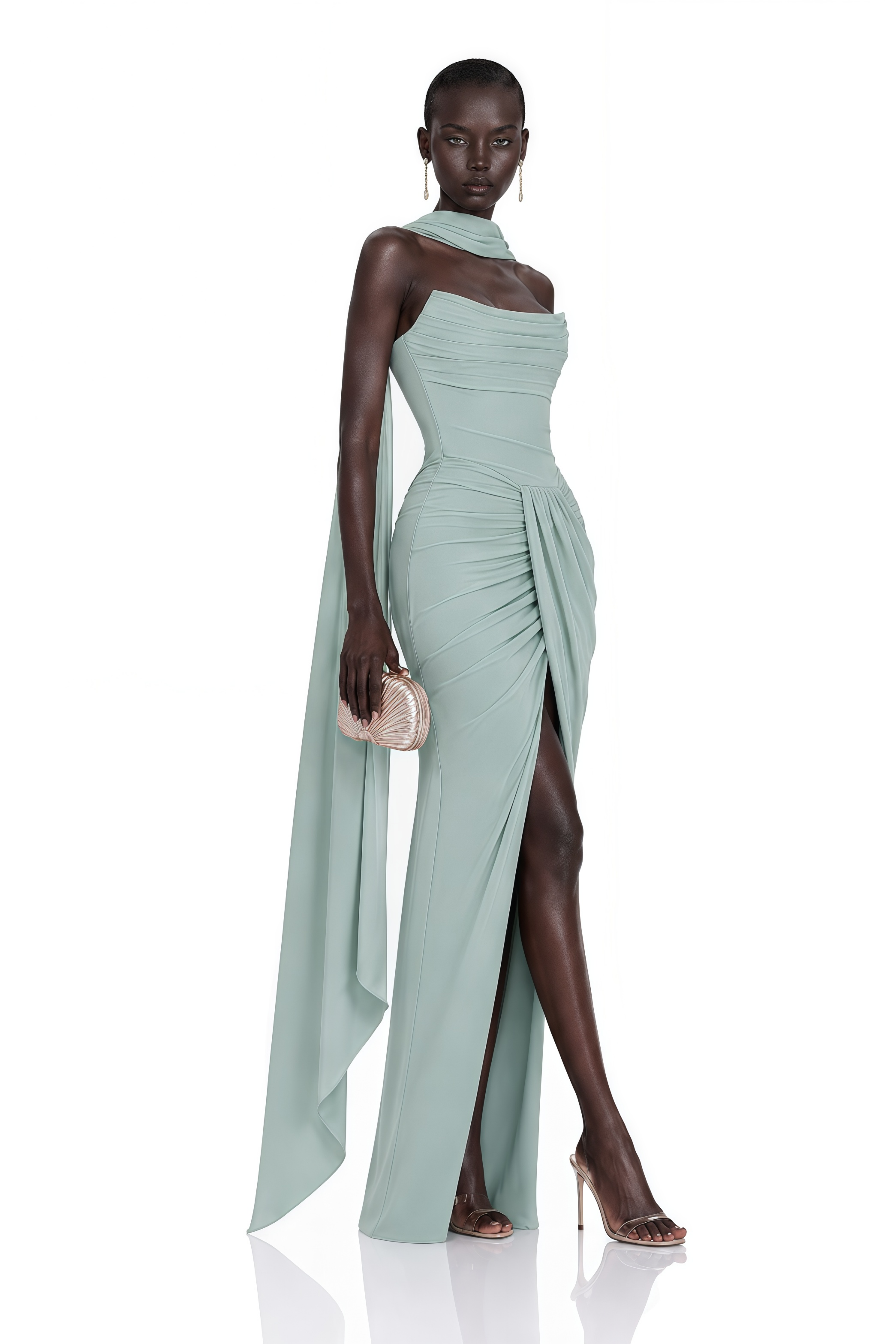 Jovie Sage Green Ruched Maxi Dress with Slit