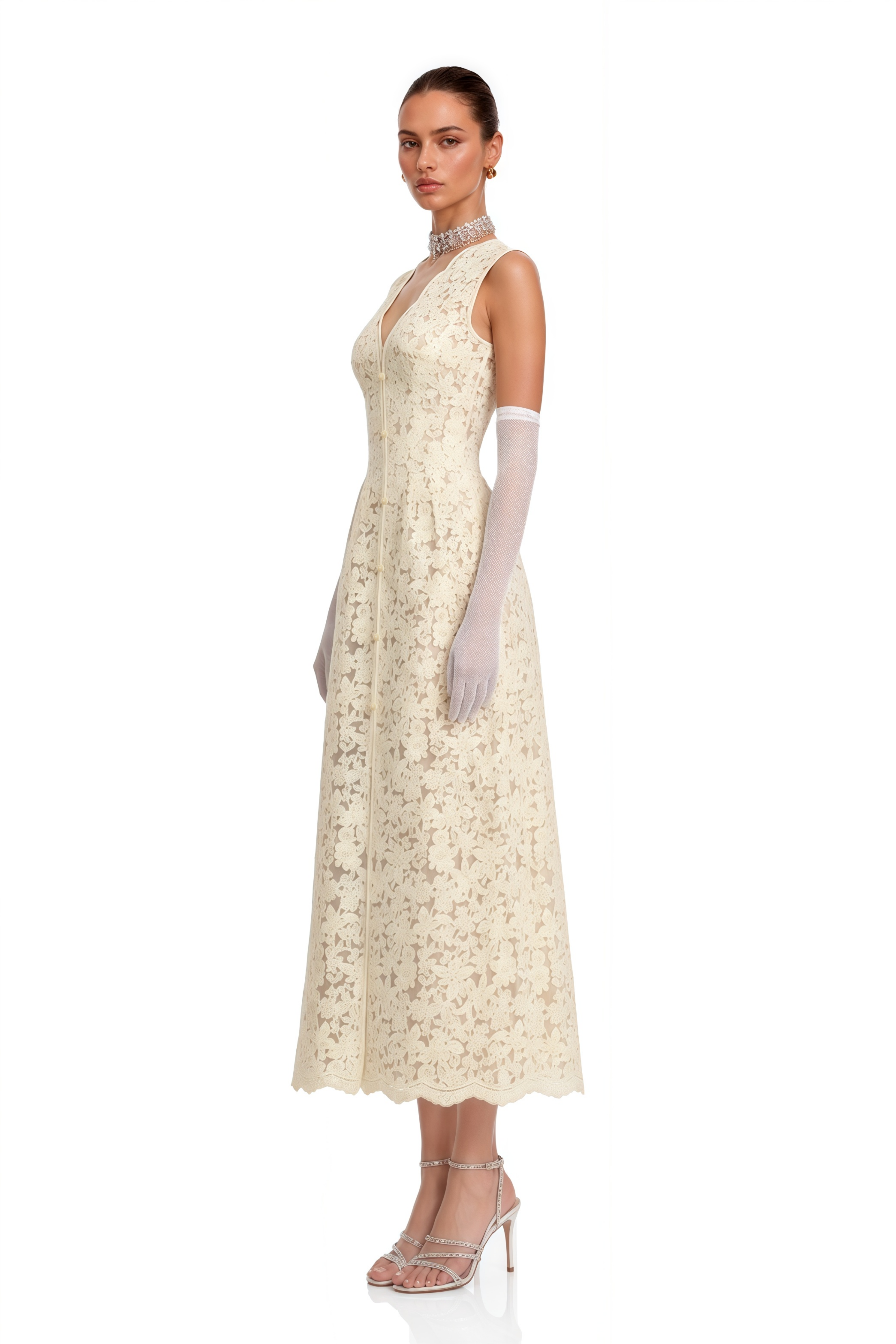 Judita Cream Plunging Neck Lace Maxi Dress