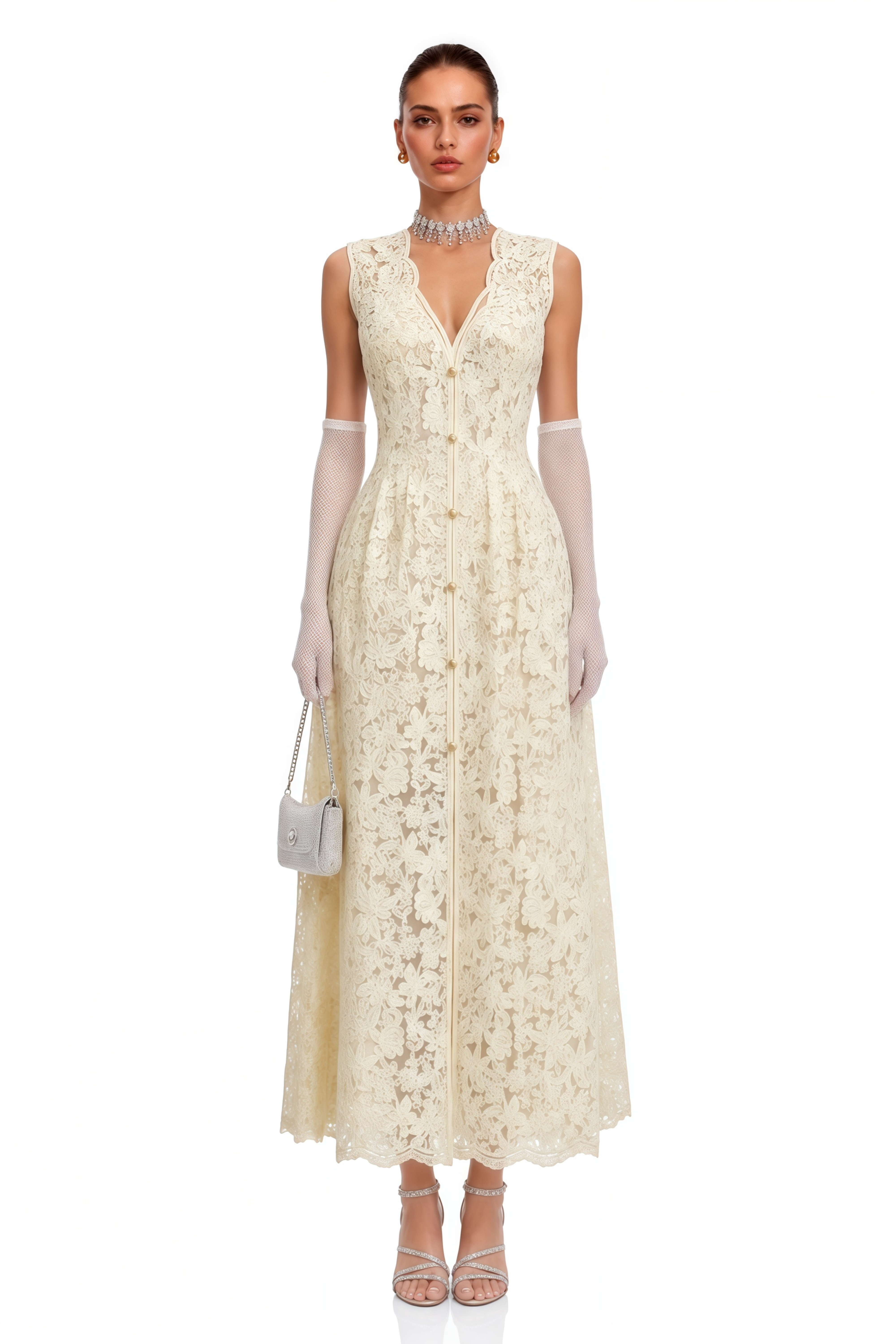 Judita Cream Plunging Neck Lace Maxi Dress