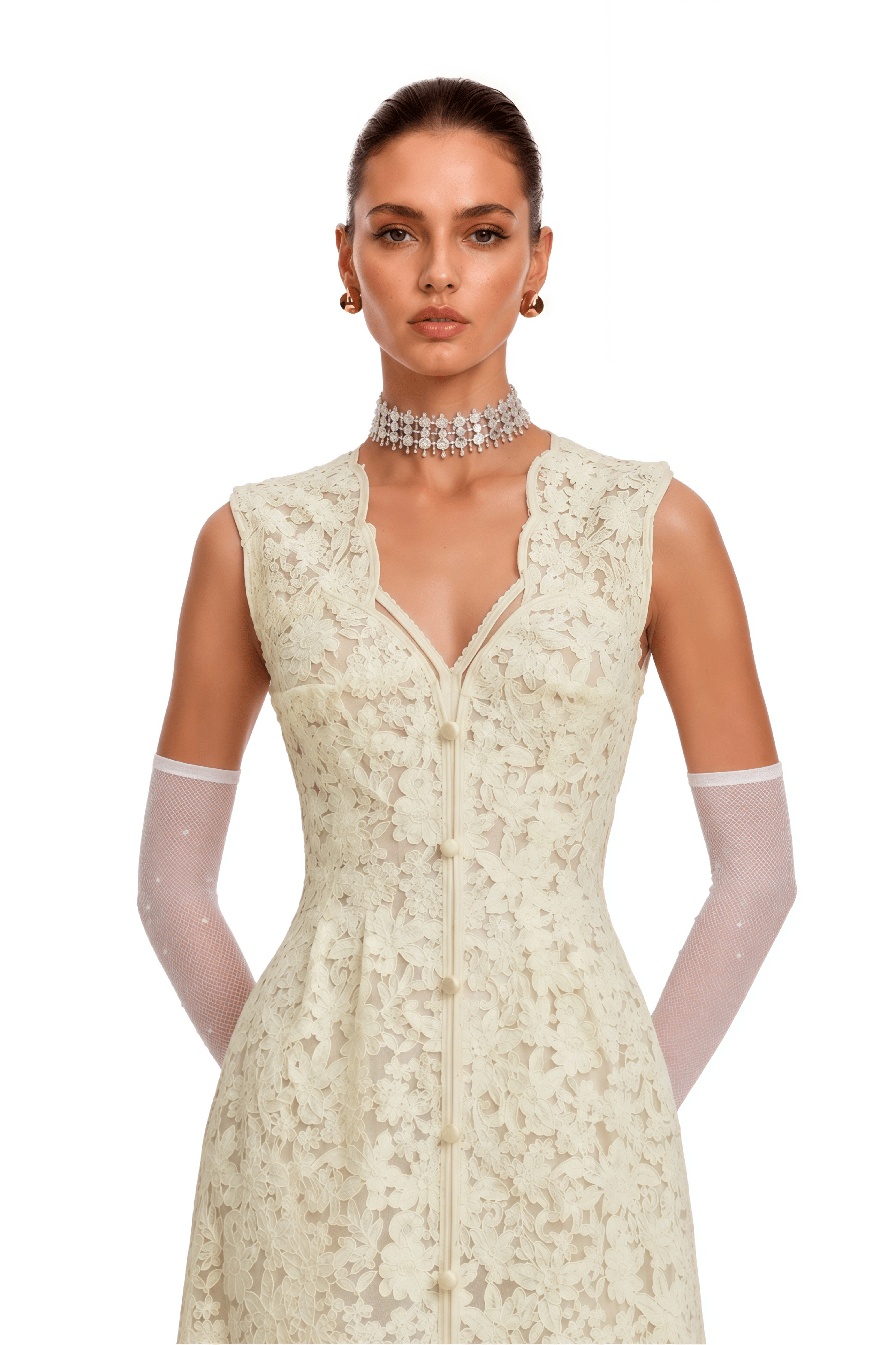 Judita Cream Plunging Neck Lace Maxi Dress