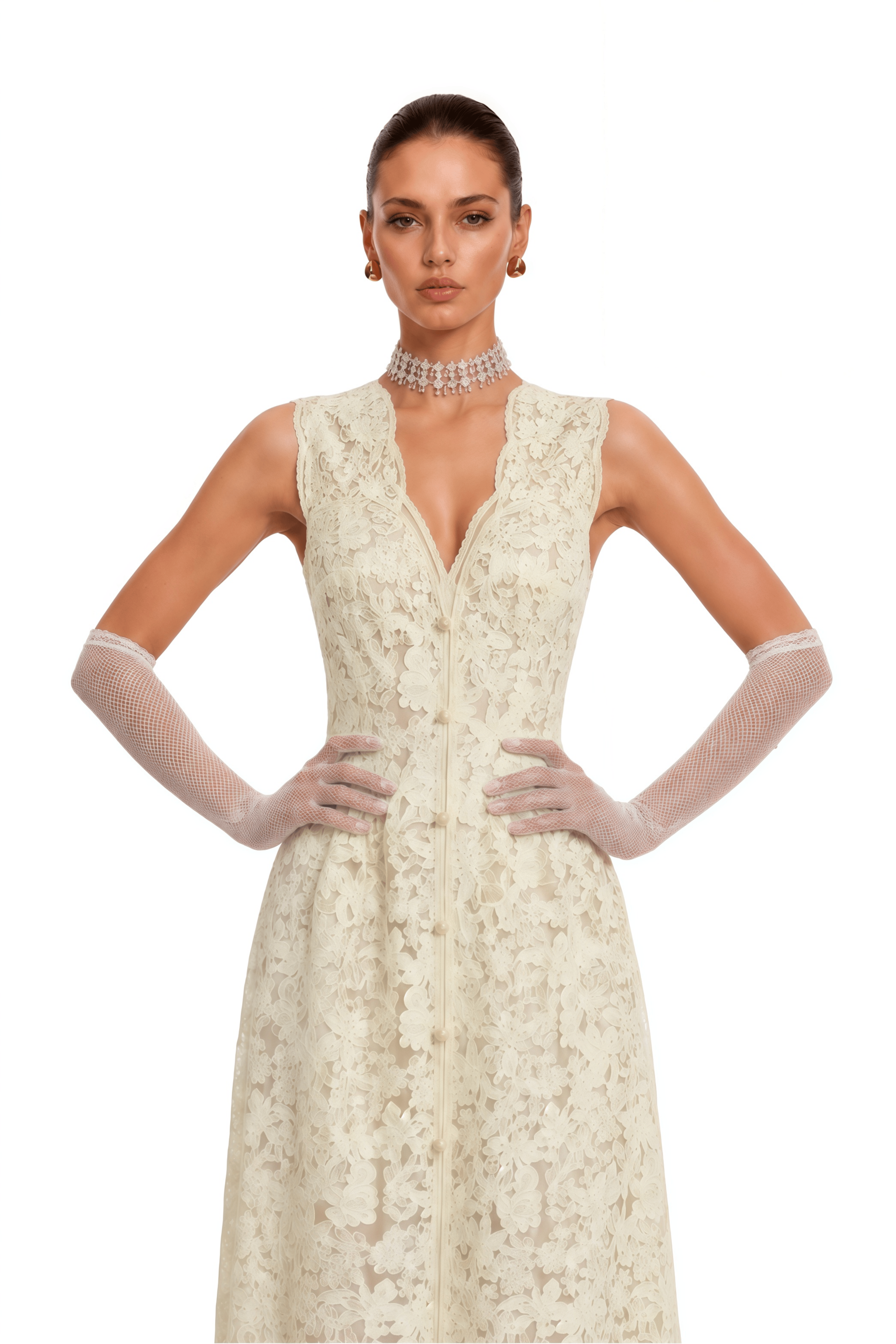 Judita Cream Plunging Neck Lace Maxi Dress
