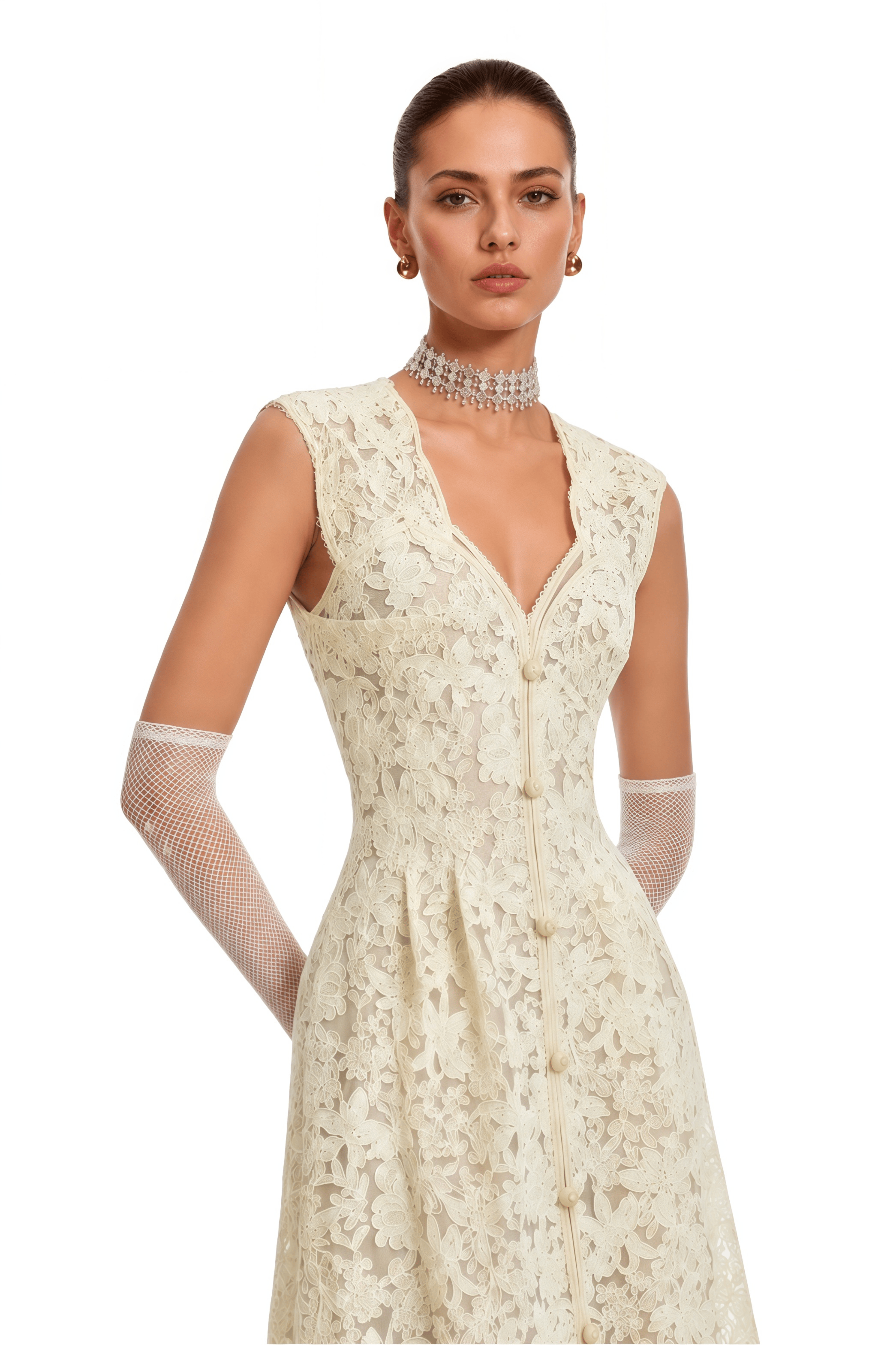 Judita Cream Plunging Neck Lace Maxi Dress