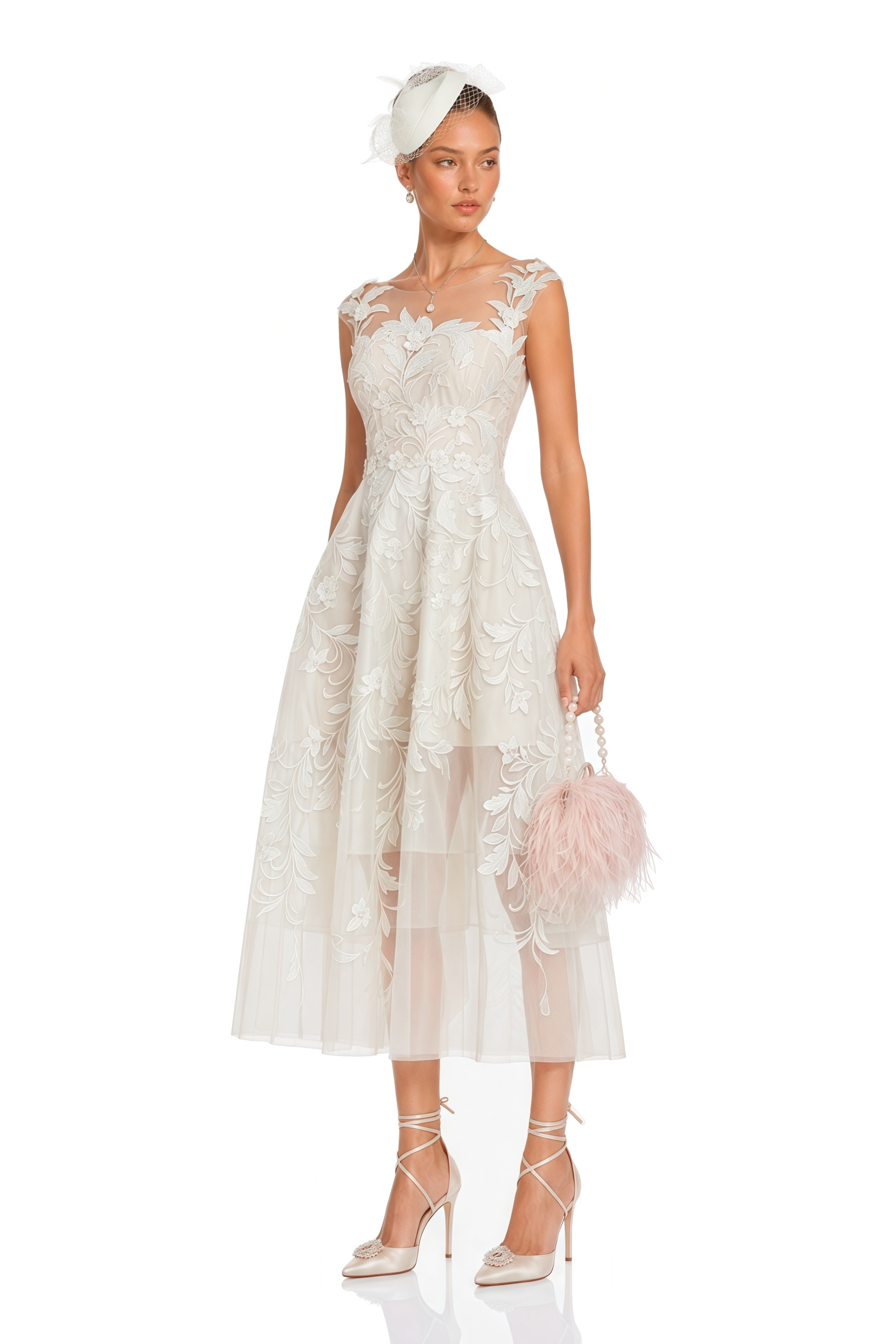 Juliette White 3D Floral Lace Tulle Midi Dress