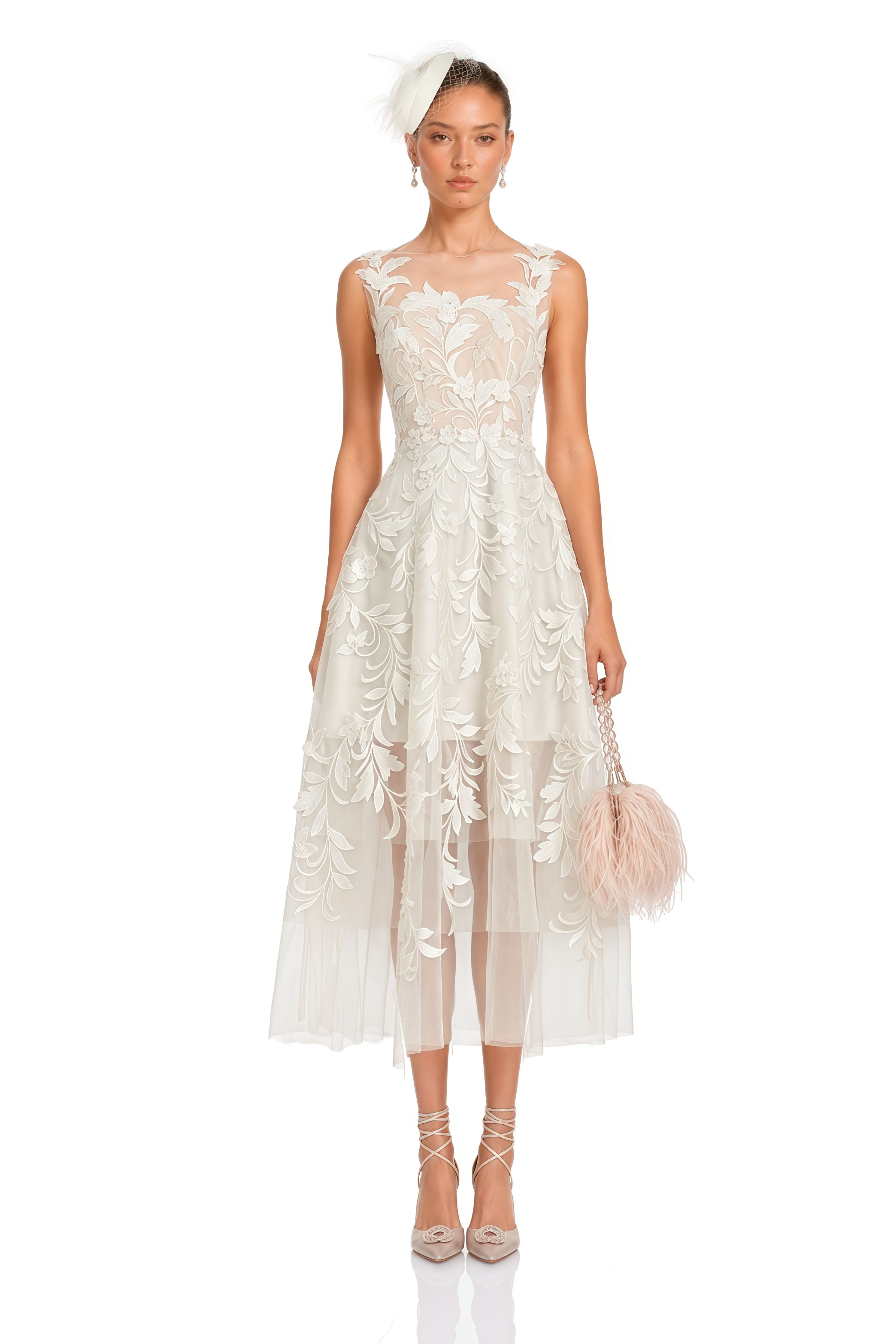 Juliette White 3D Floral Lace Tulle Midi Dress