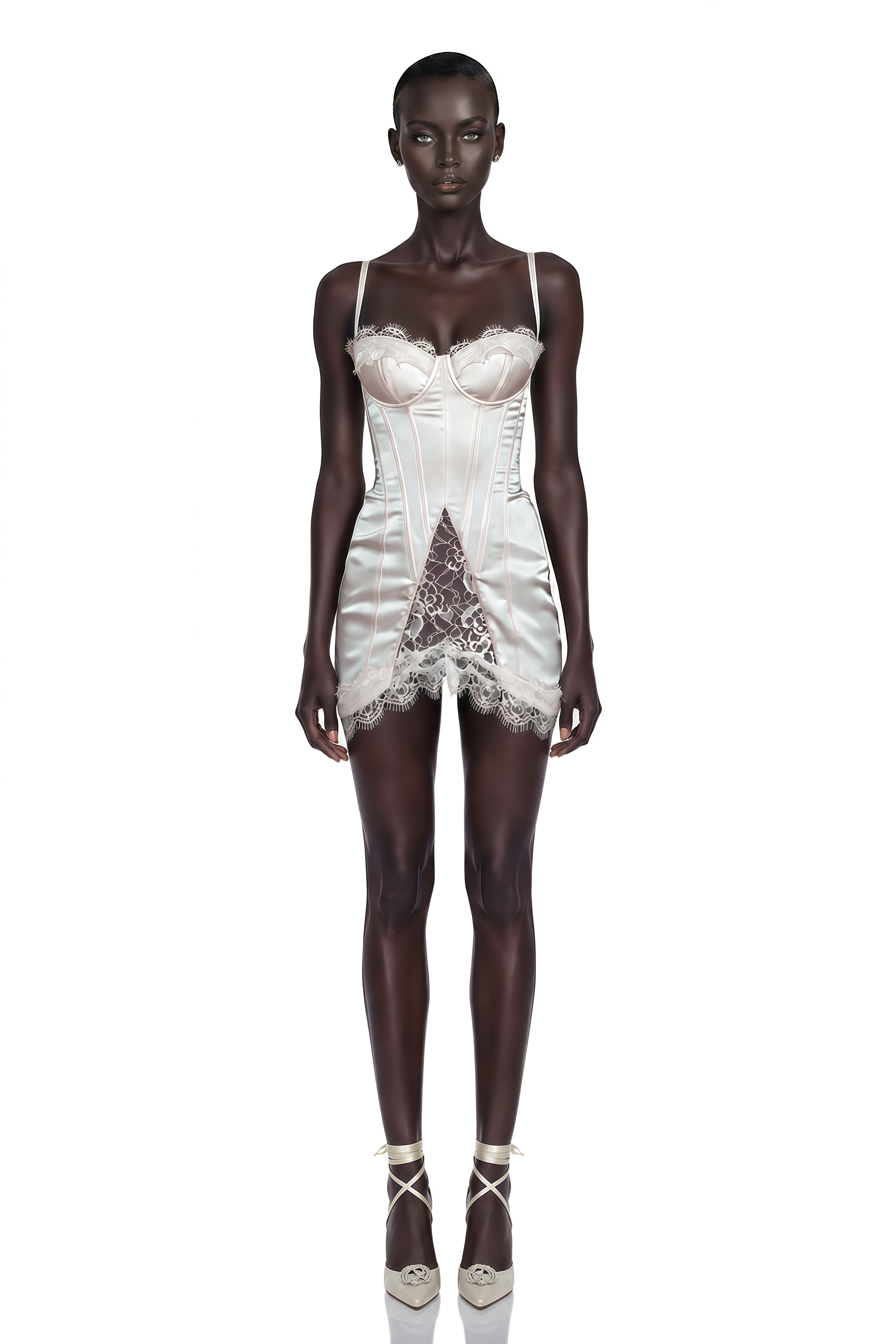 Juliette White Satin Mini Dress with Lace Panels
