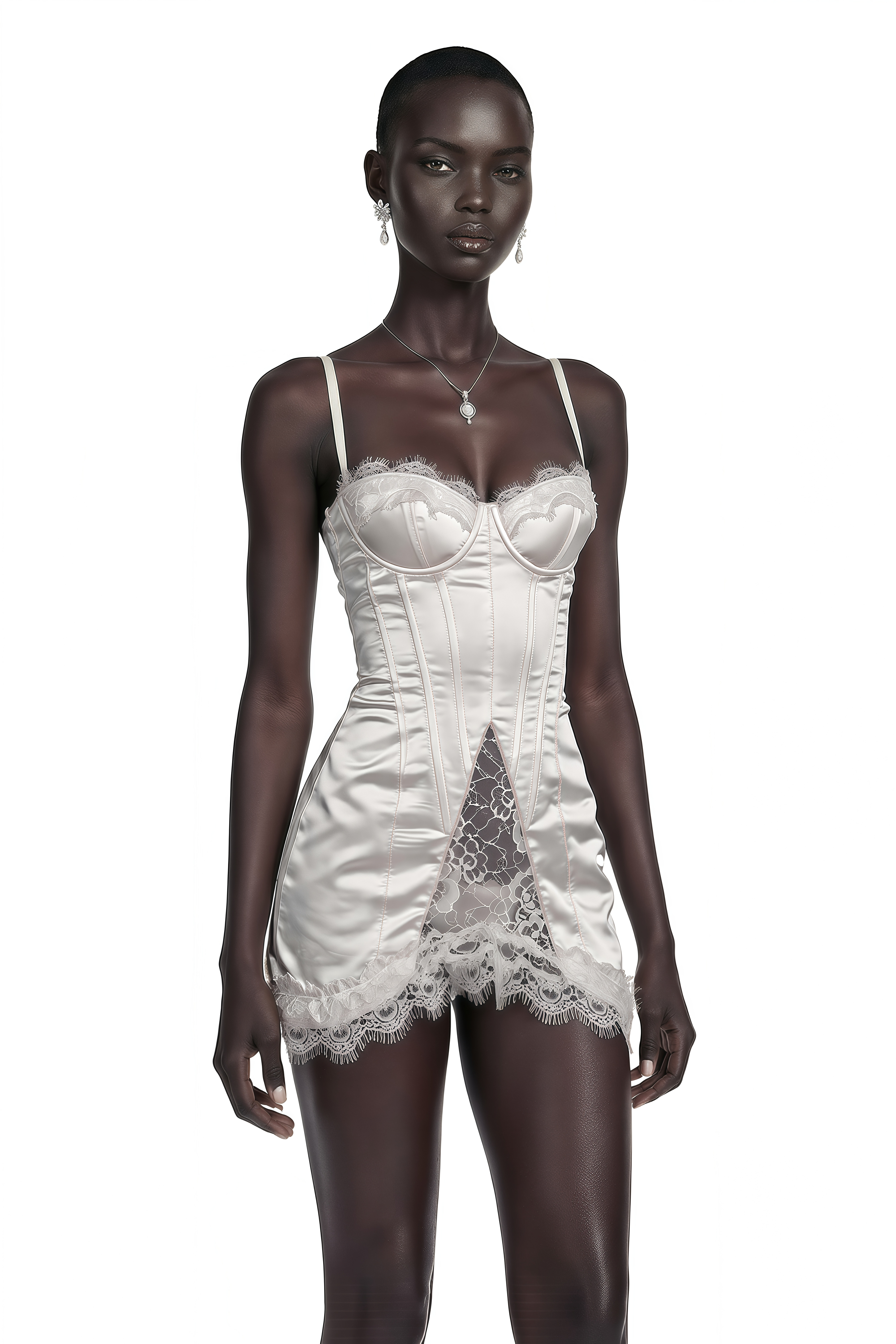 Juliette White Satin Mini Dress with Lace Panels – Miss Rosier