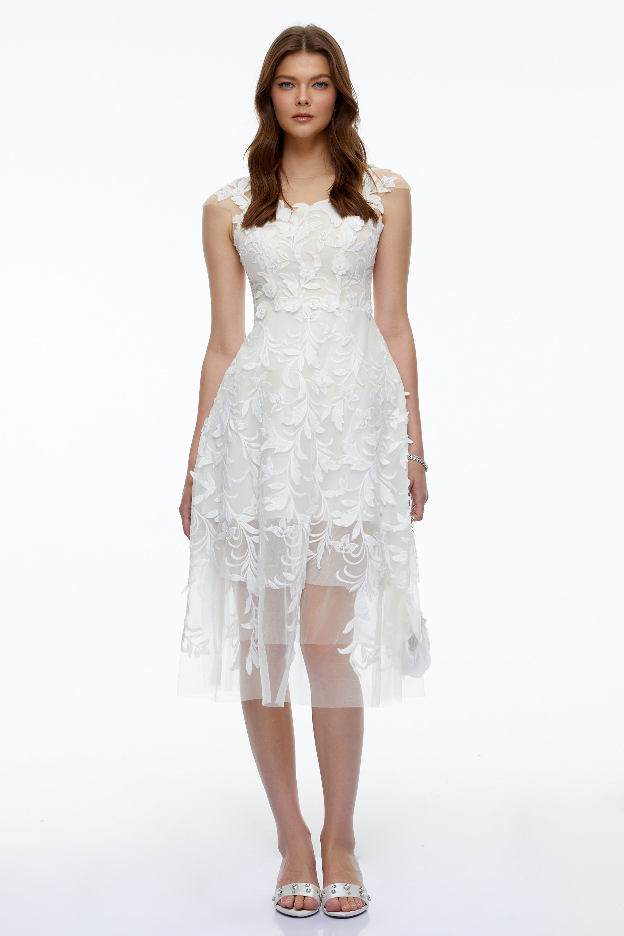 Juliette White 3D Floral Lace Tulle Midi Dress