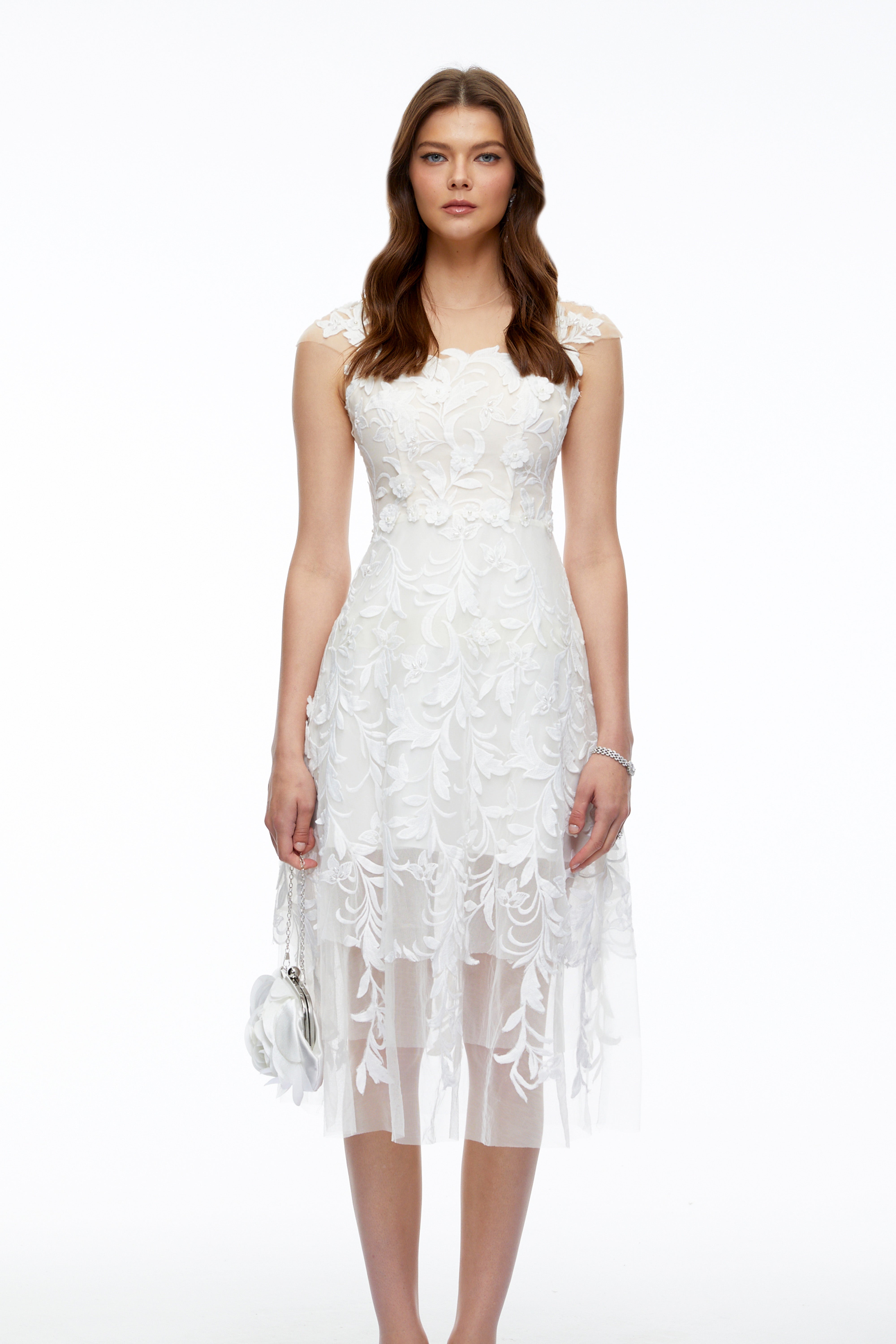 Juliette White 3D Floral Lace Tulle Midi Dress