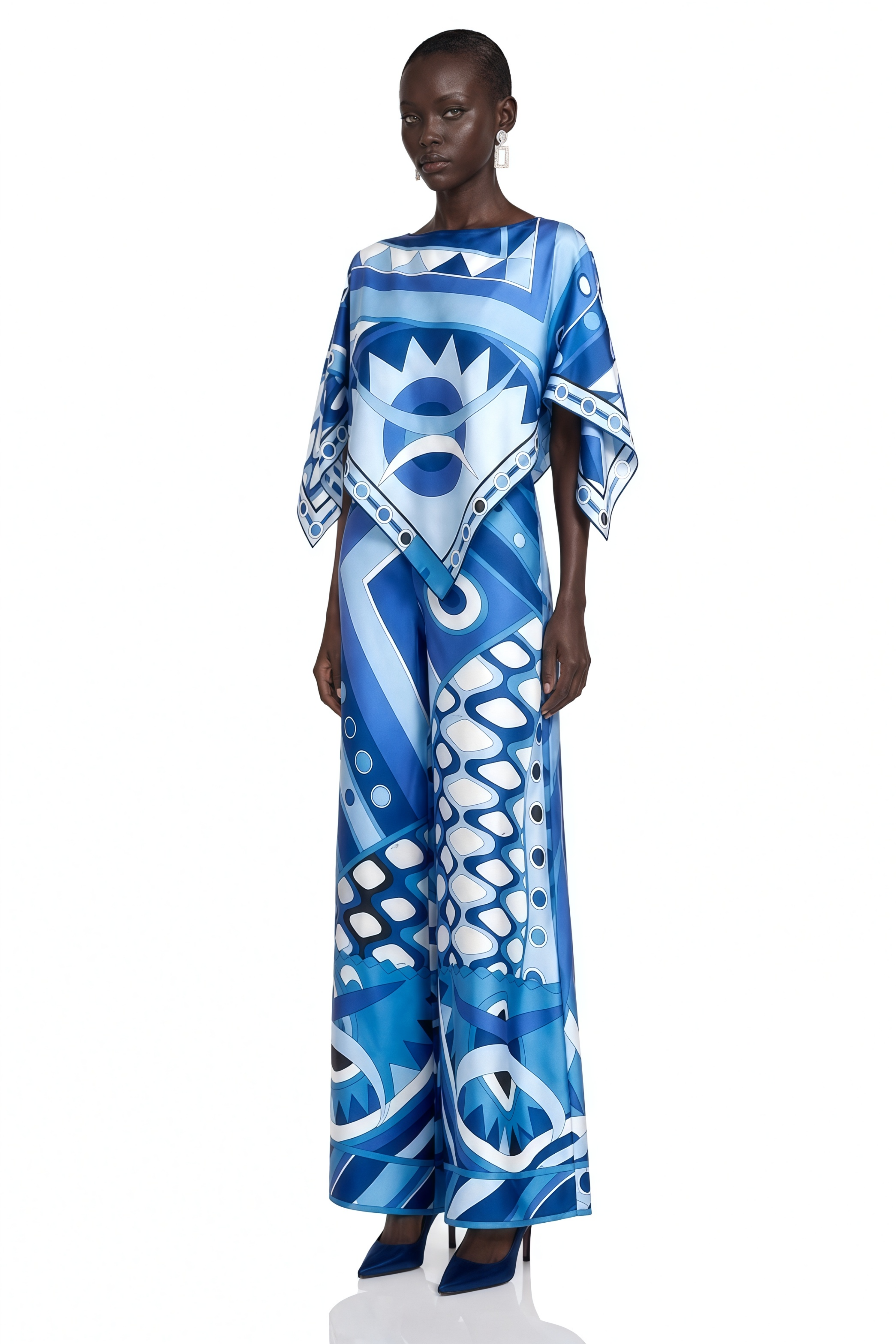 Juniper Blue Printed Handkerchief Top & Wide Leg Trousers Set