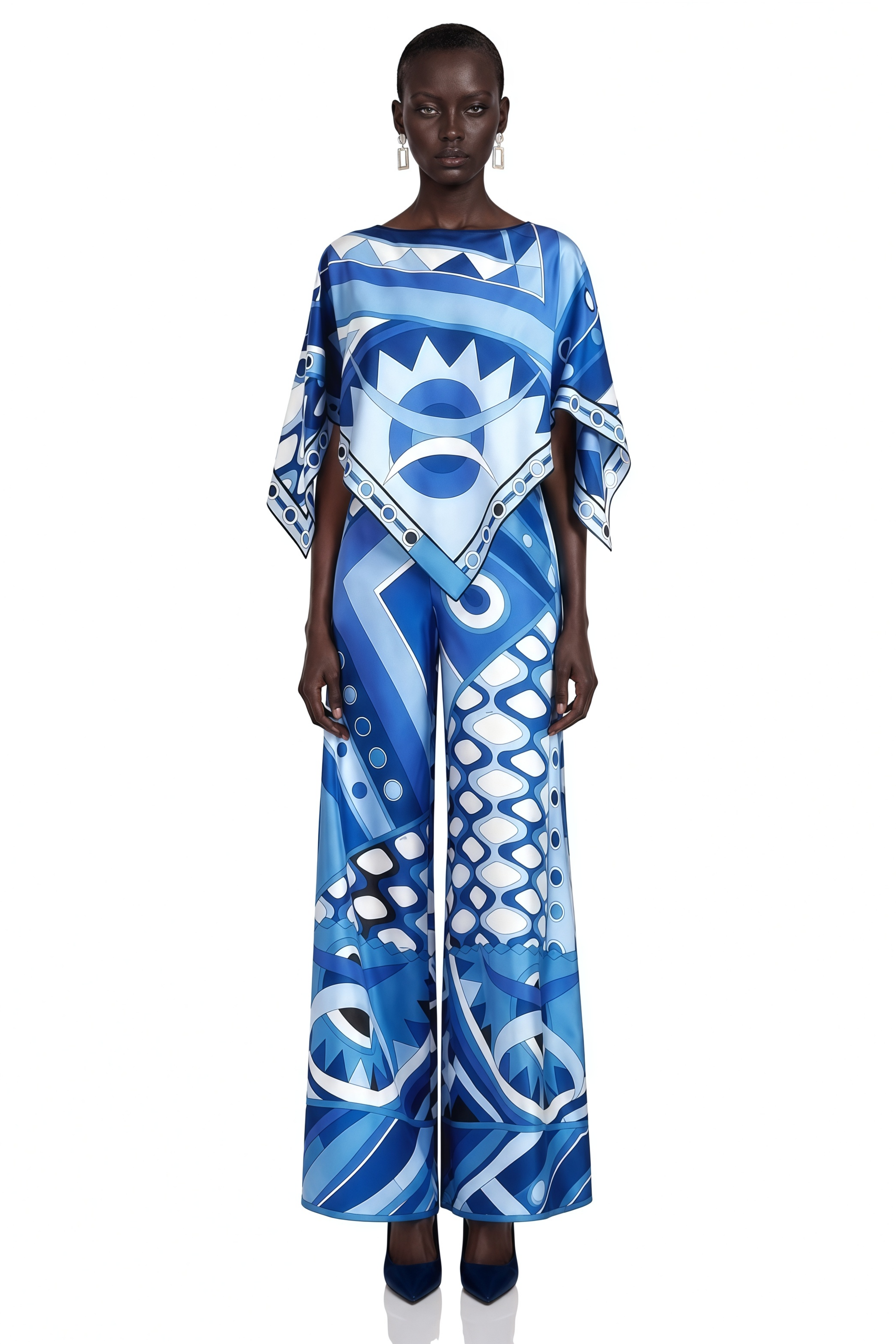 Juniper Blue Printed Handkerchief Top & Wide Leg Trousers Set