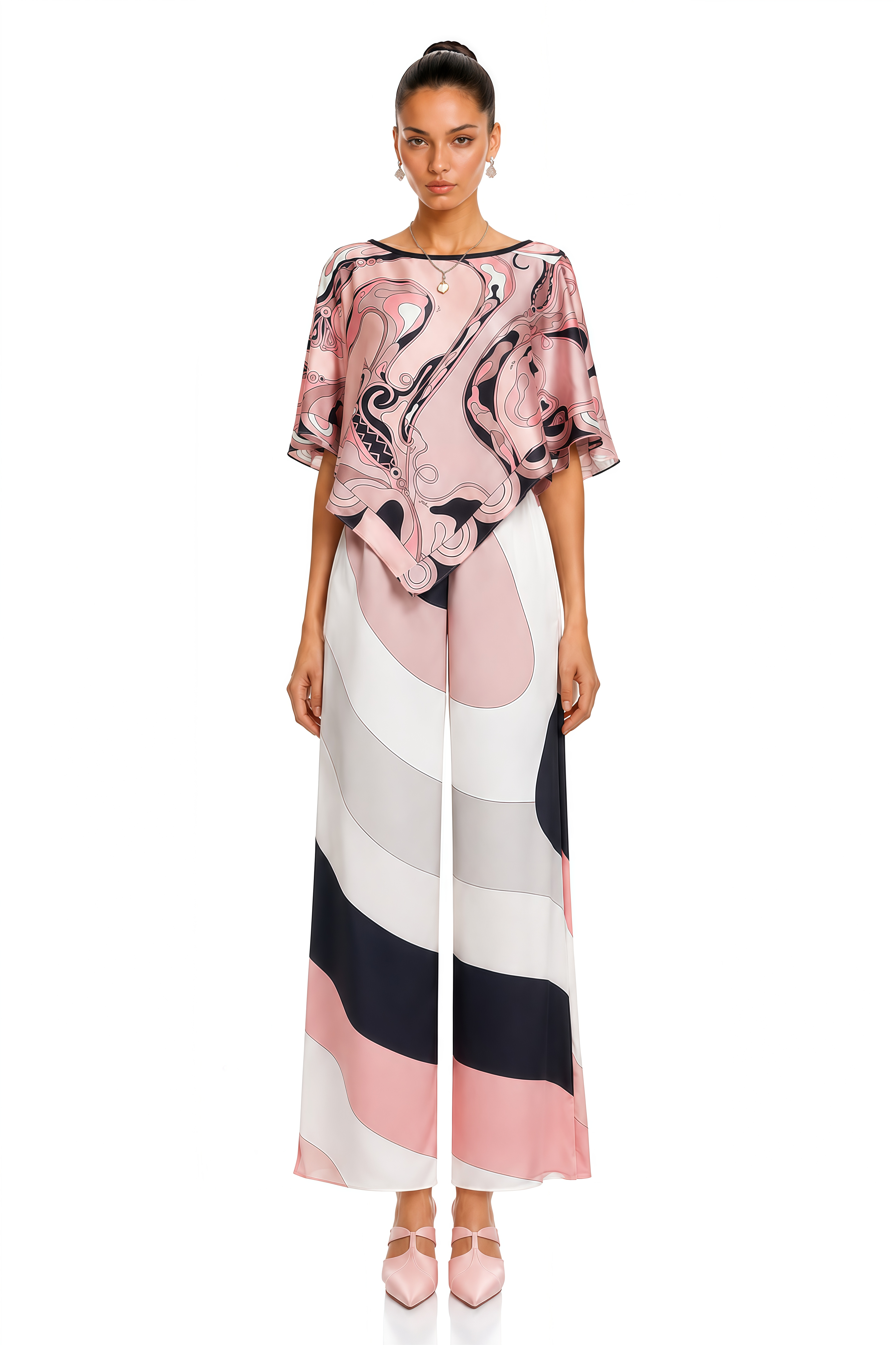 Juniper Pink Printed Handkerchief Top & Wide-Leg Trousers Set