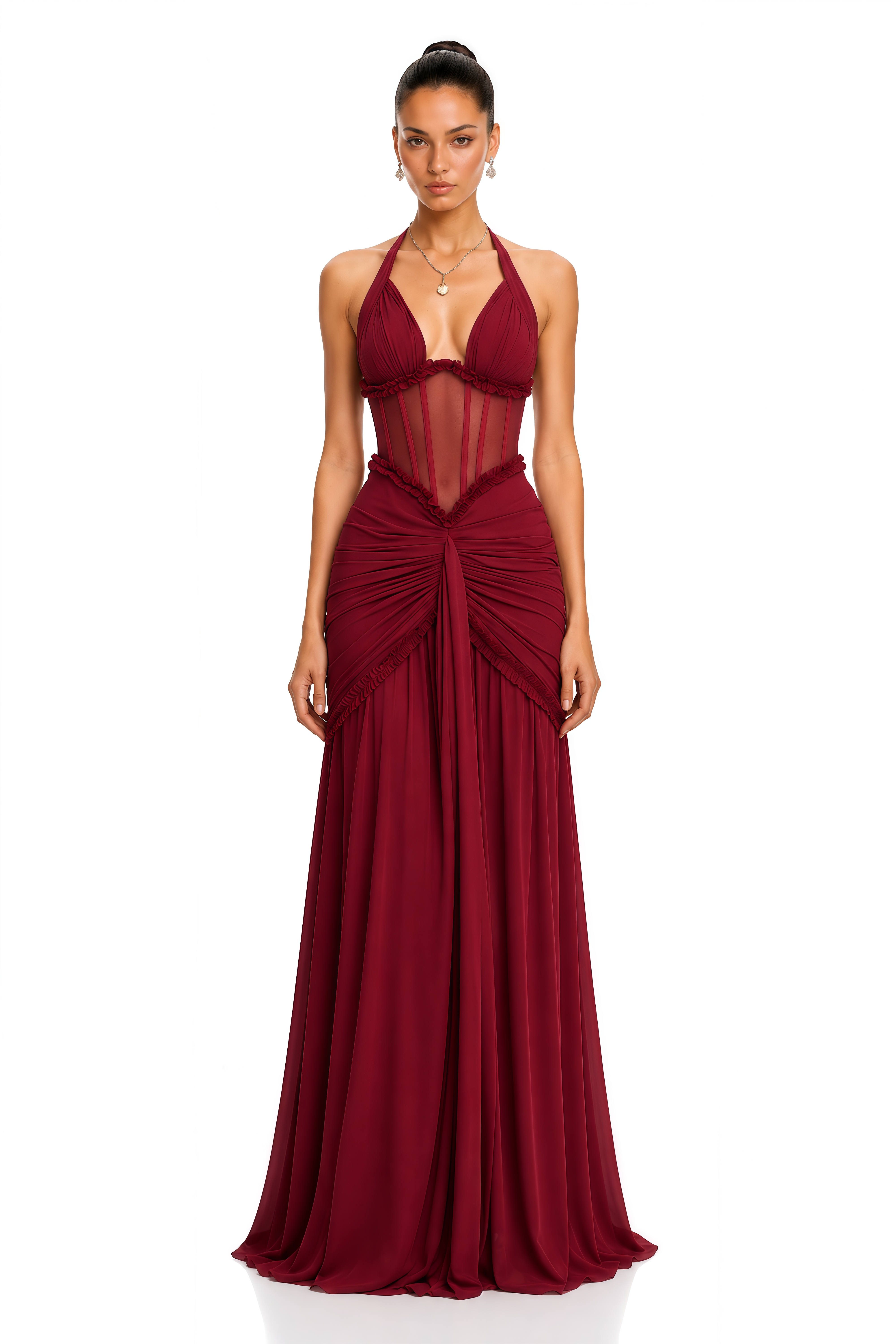 Jupiter Burgundy Ruched Halterneck Maxi Dress