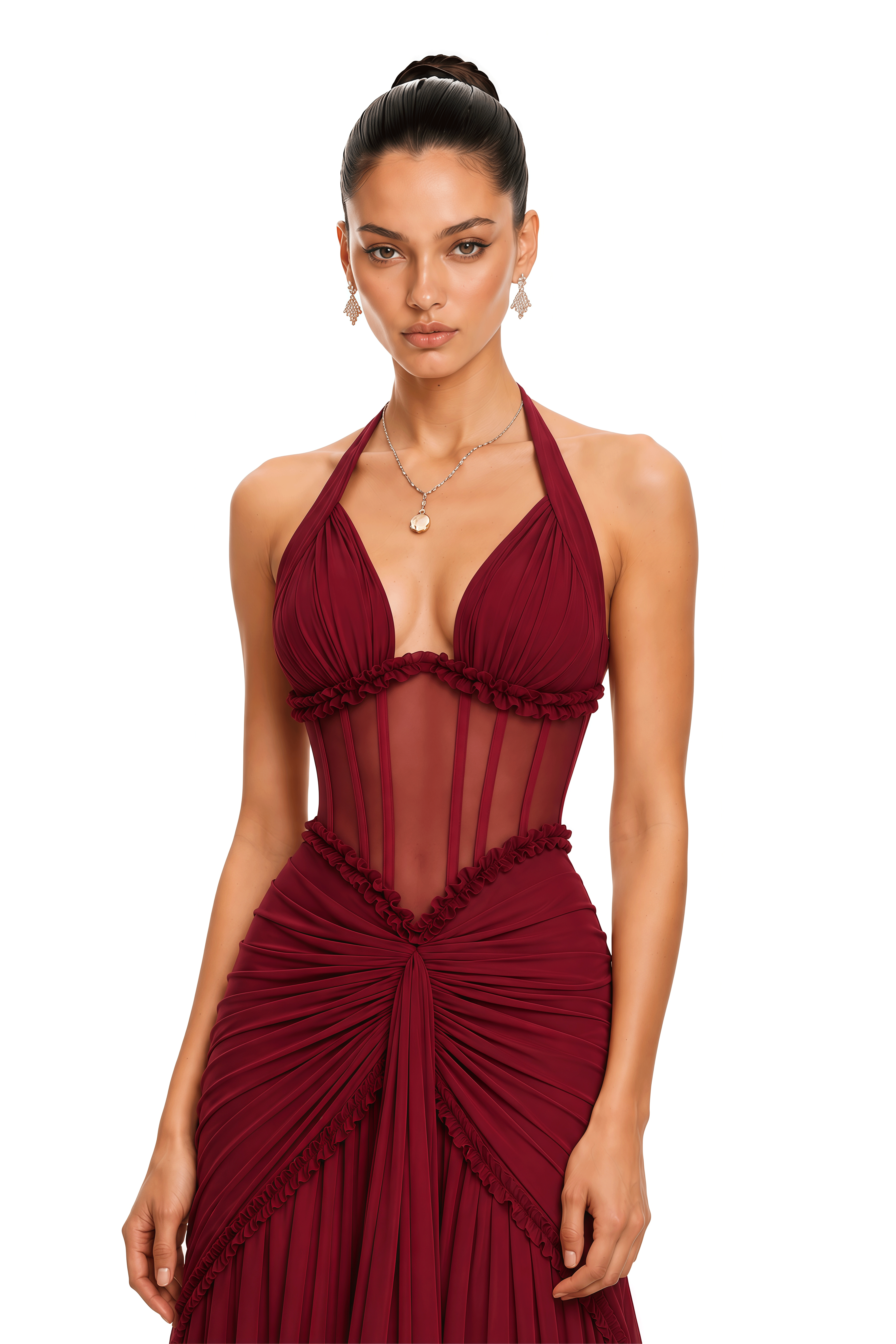 Jupiter Burgundy Ruched Halterneck Maxi Dress