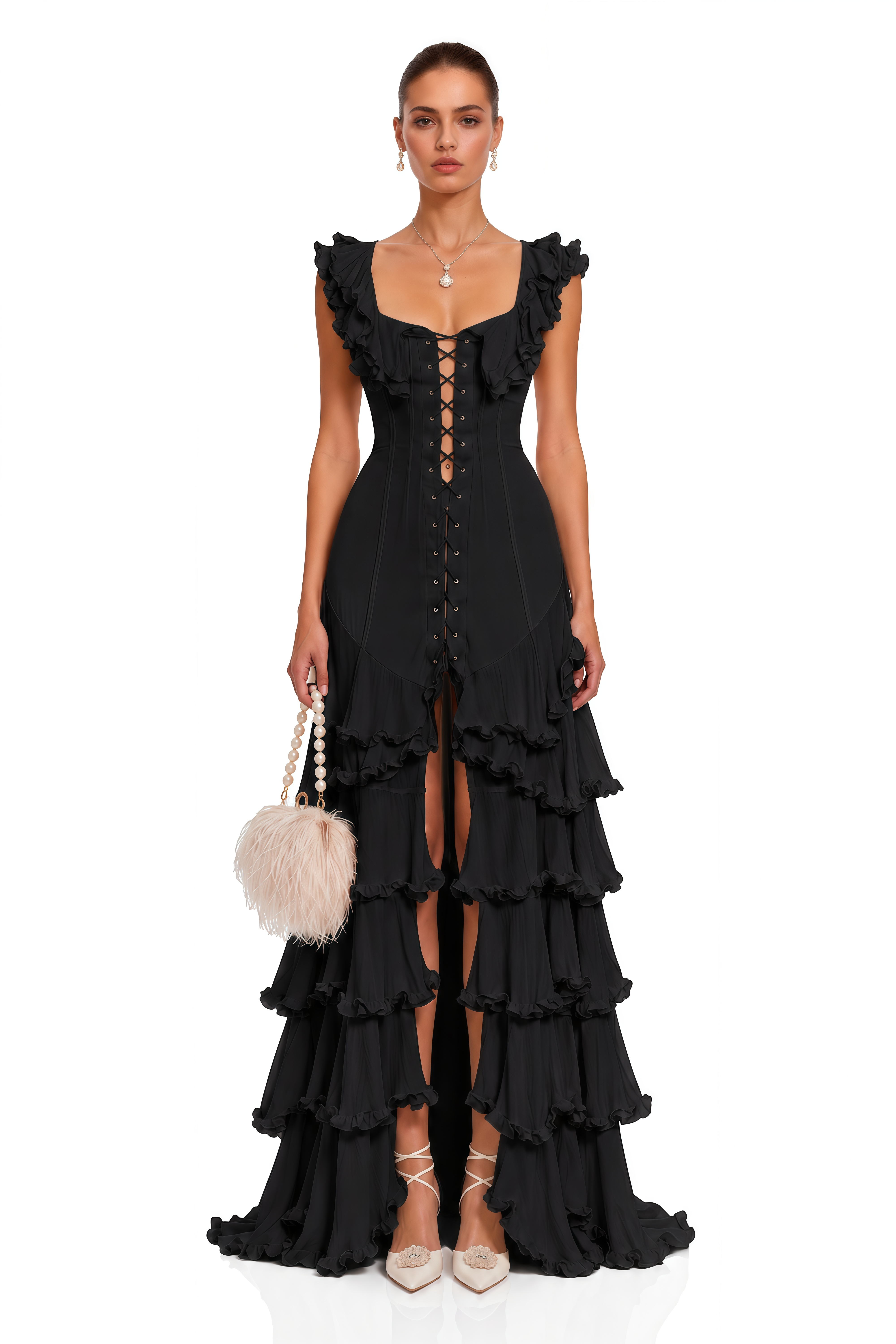 Kaelin Black Ruffle Lace Up Tiered Flowy Maxi Dress