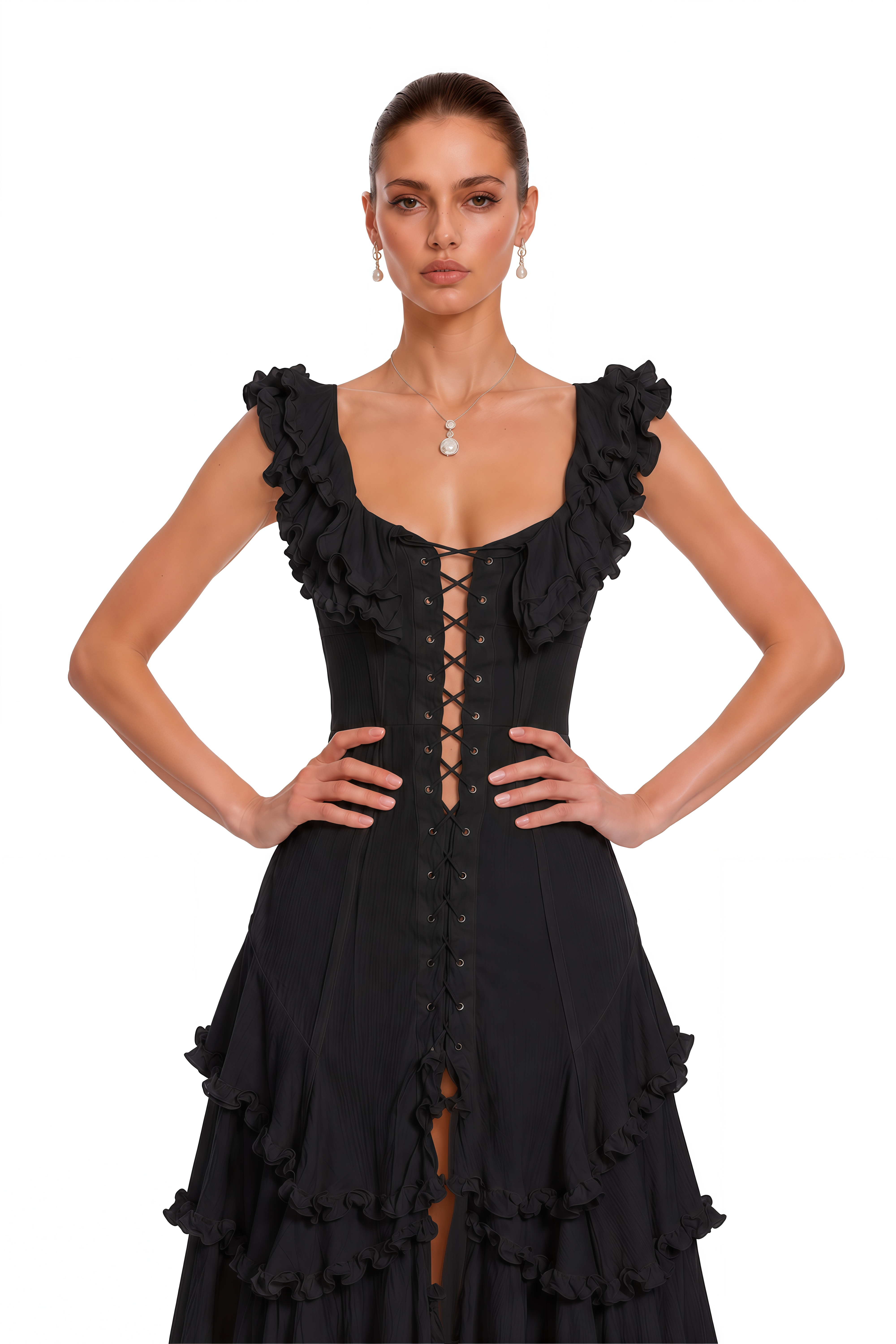 Kaelin Black Ruffle Lace Up Tiered Flowy Maxi Dress