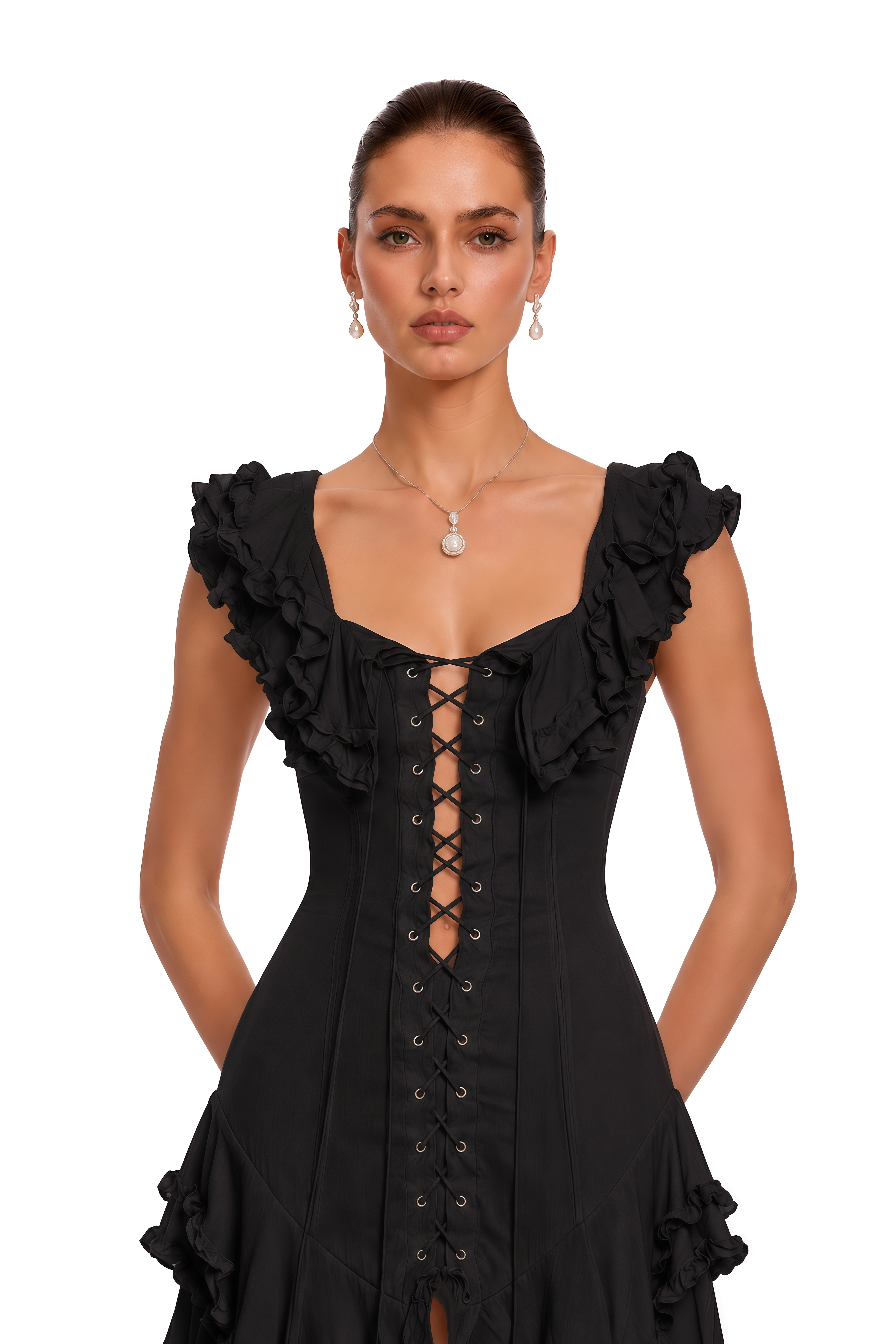 Kaelin Black Ruffle Lace Up Tiered Flowy Maxi Dress