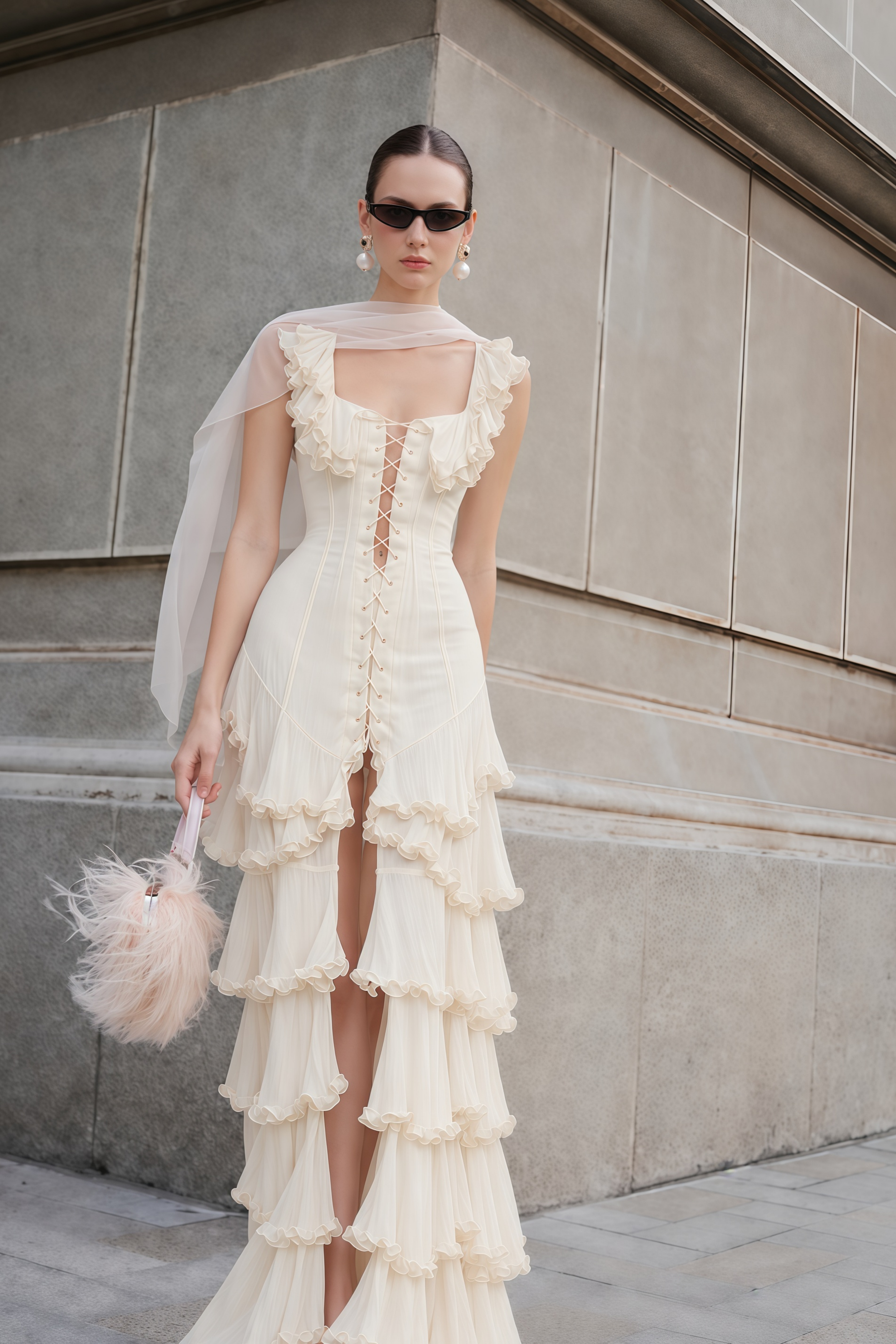 Kaelin Cream Ruffle Lace Up Tiered Flowy Maxi Dress