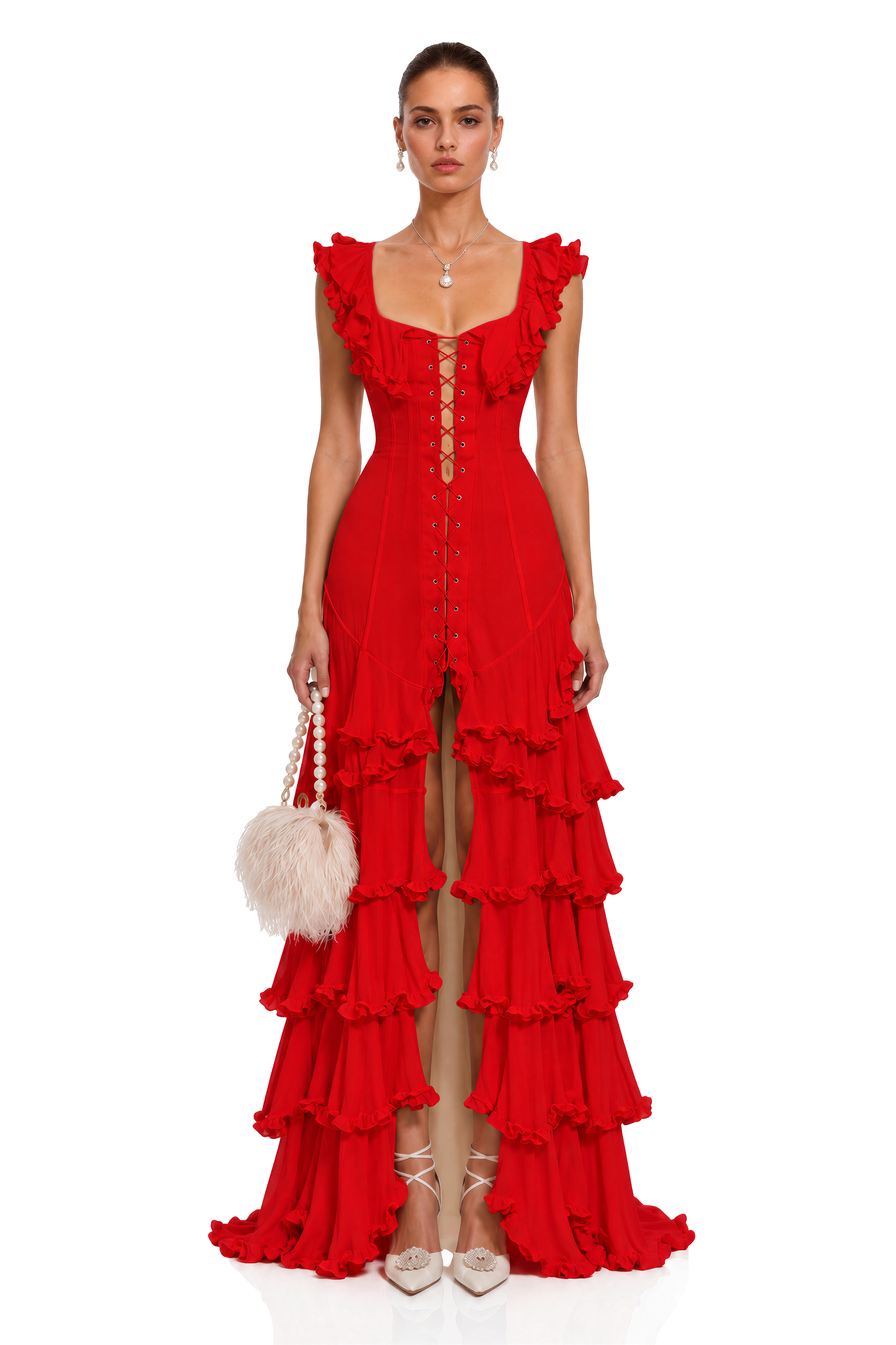 Kaelin Red Ruffle Lace Up Tiered Flowy Maxi Dress