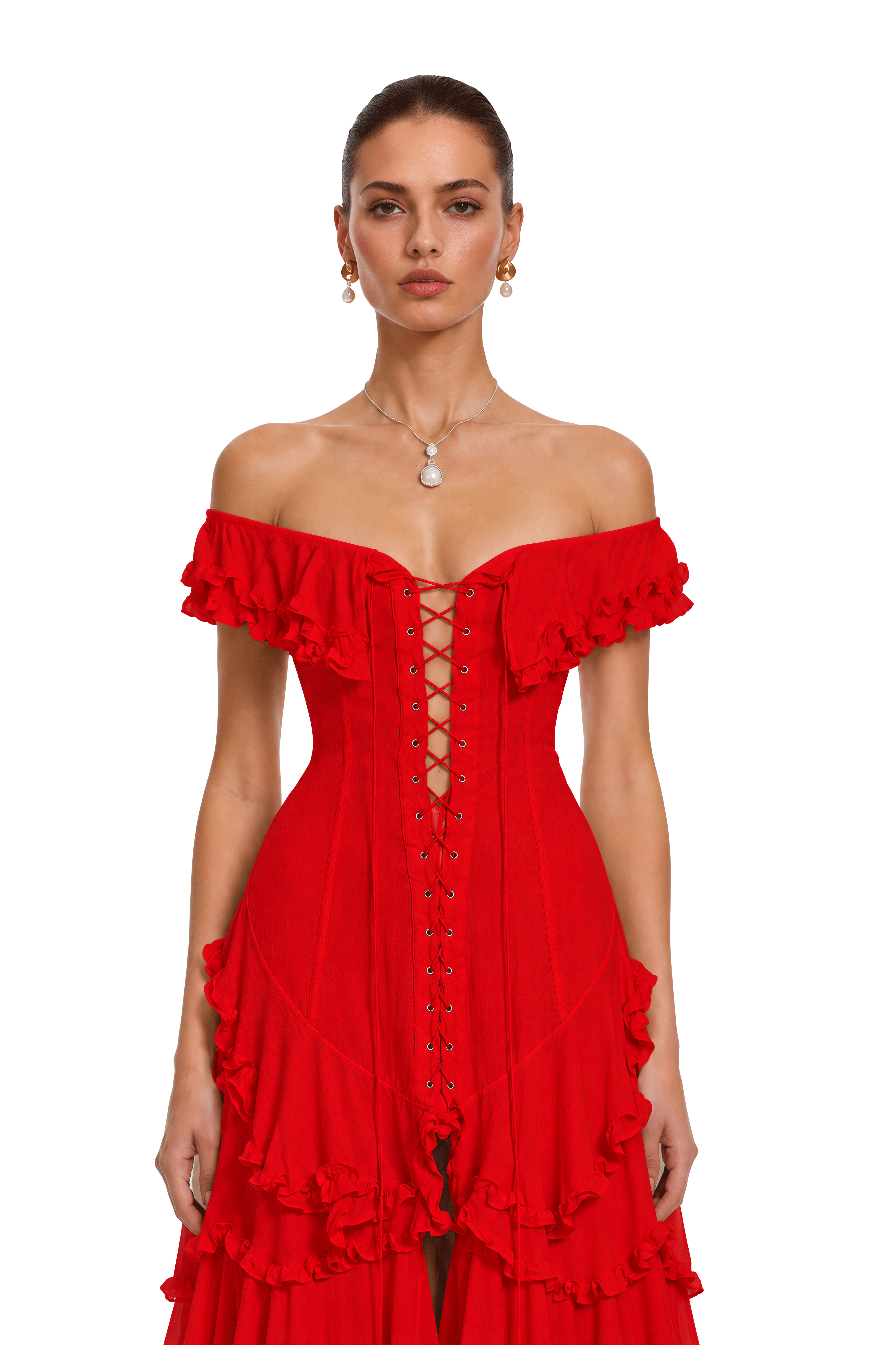 Kaelin Red Ruffle Lace Up Tiered Flowy Maxi Dress