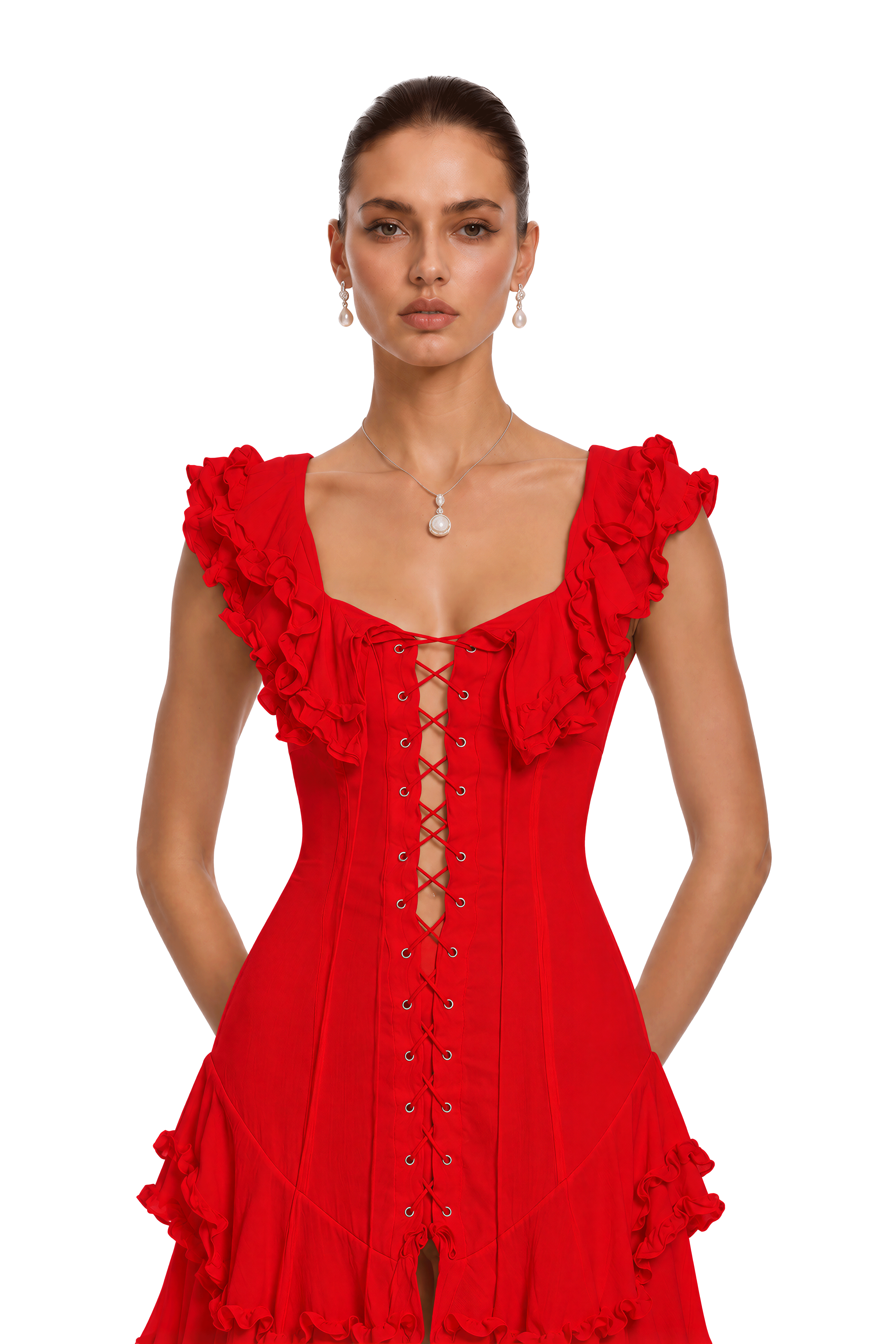 Kaelin Red Ruffle Lace Up Tiered Flowy Maxi Dress