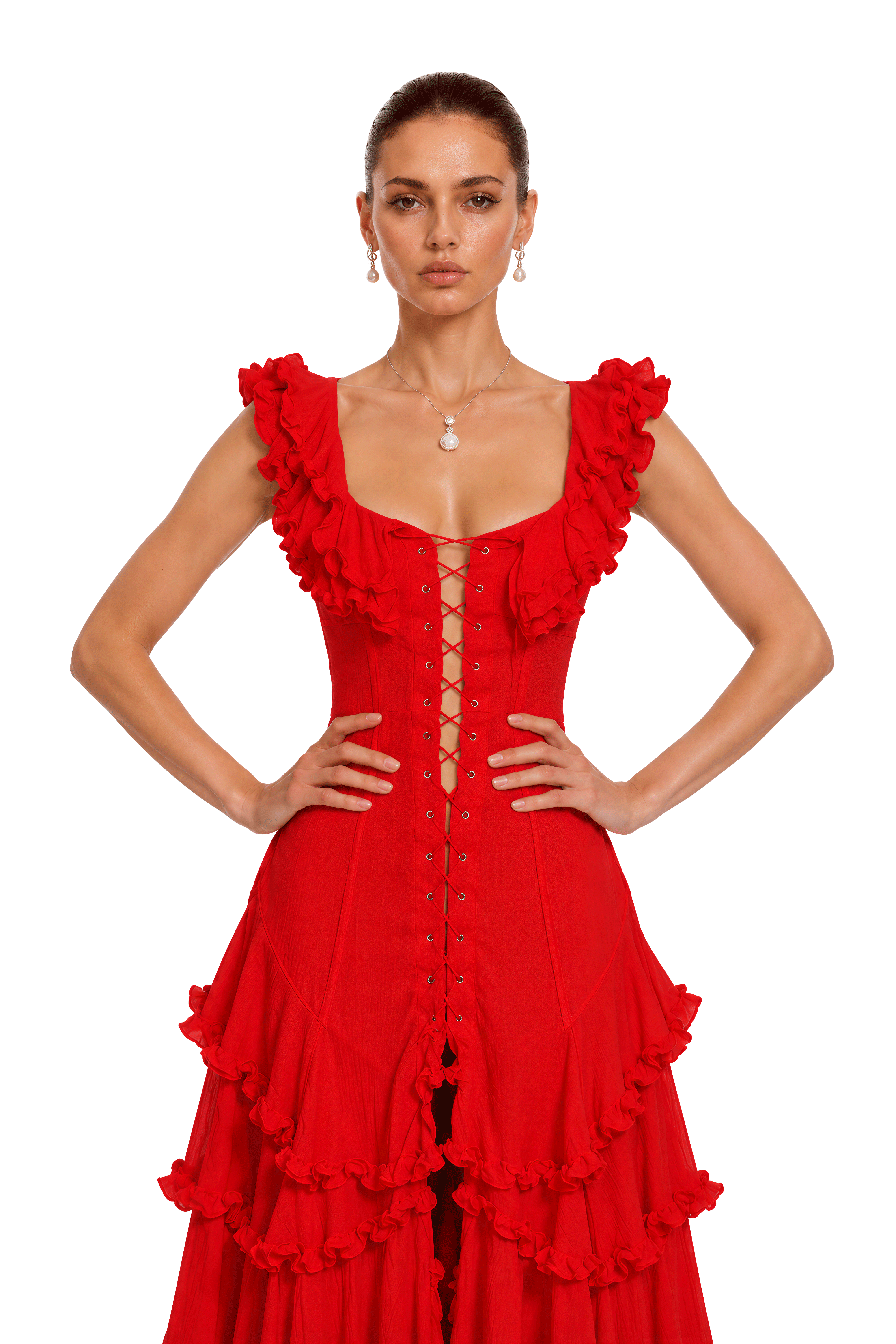 Kaelin Red Ruffle Lace Up Tiered Flowy Maxi Dress