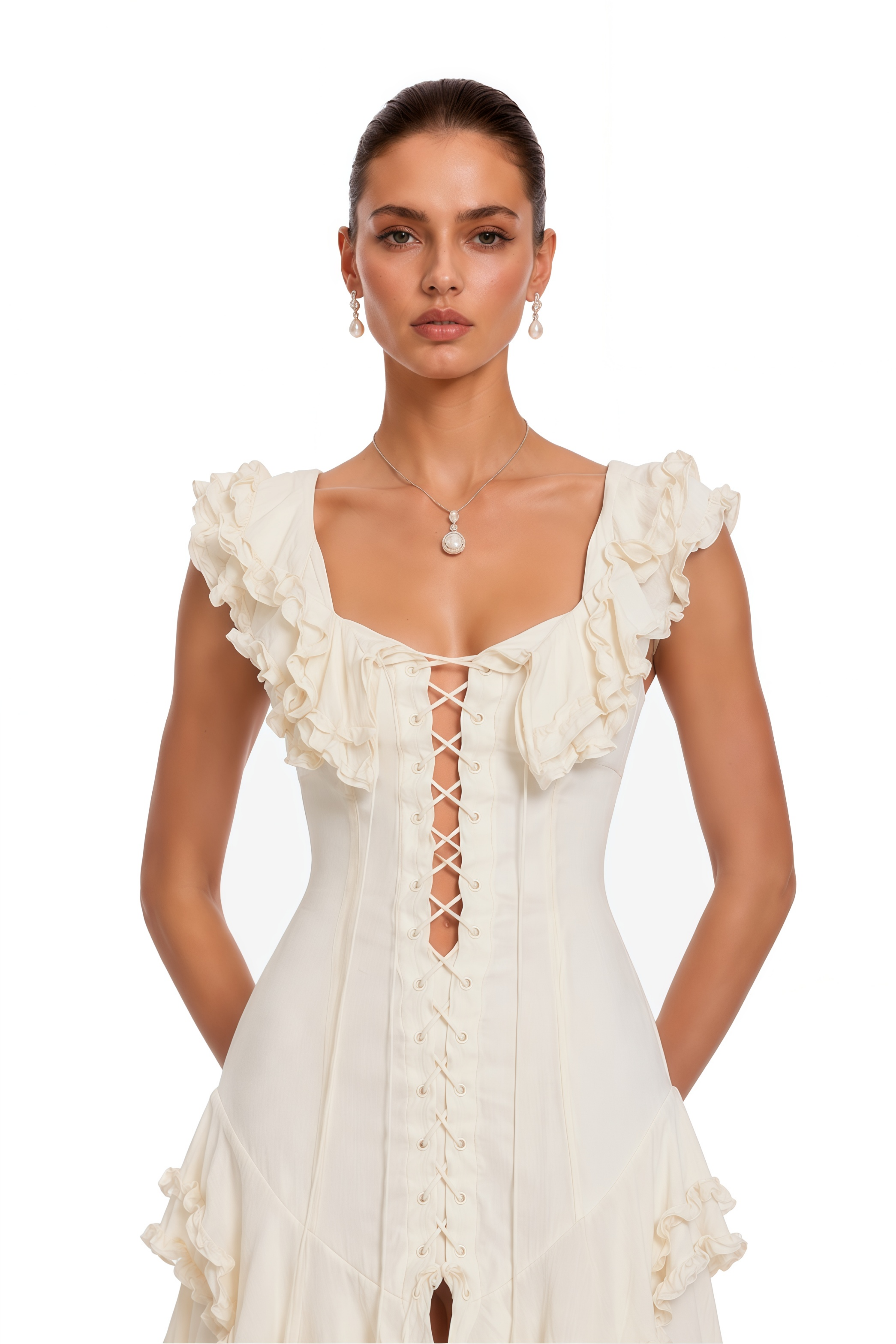 Kaelin White Ruffle Lace Up Tiered Flowy Maxi Dress