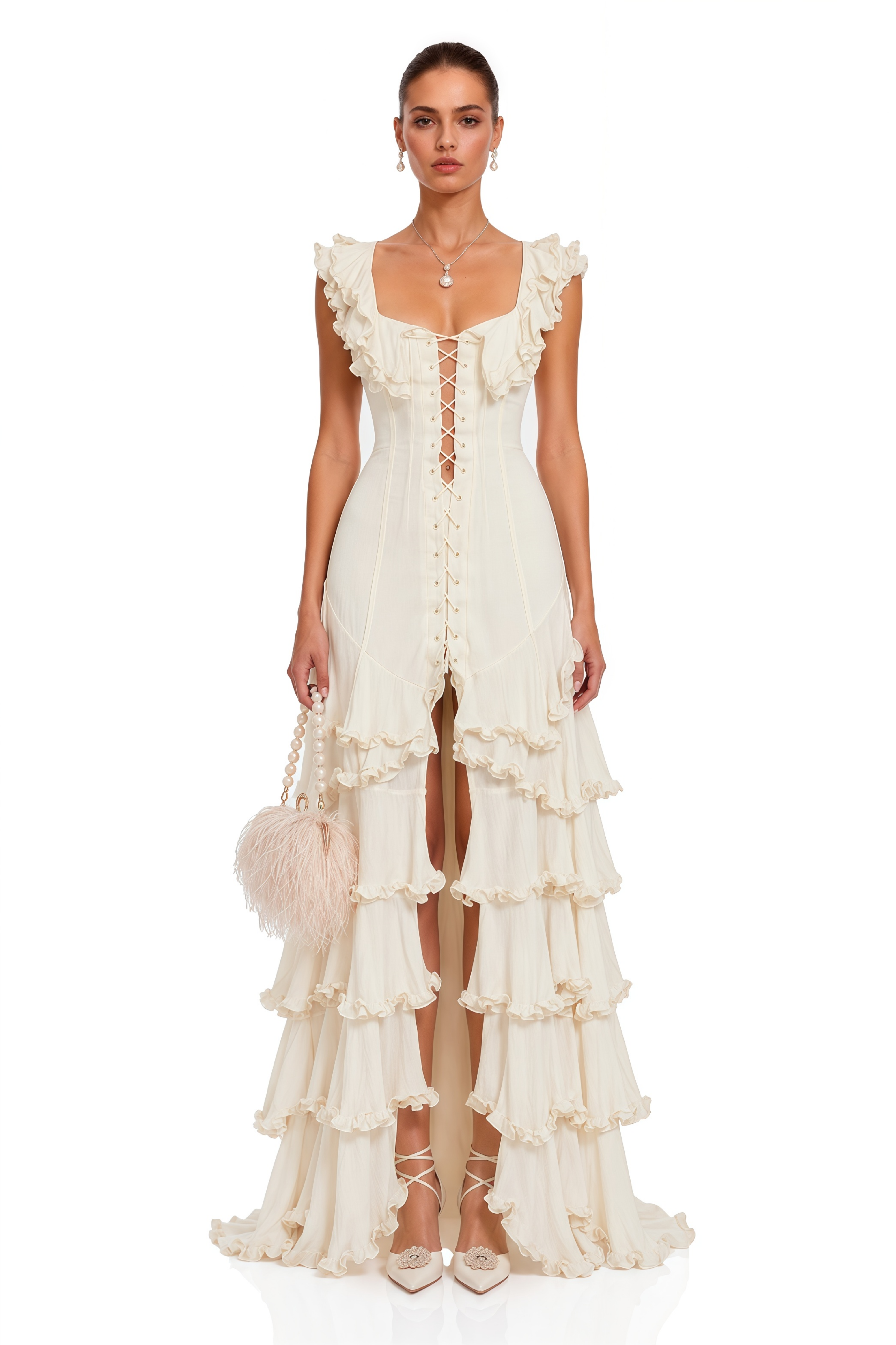 Kaelin White Ruffle Lace Up Tiered Flowy Maxi Dress