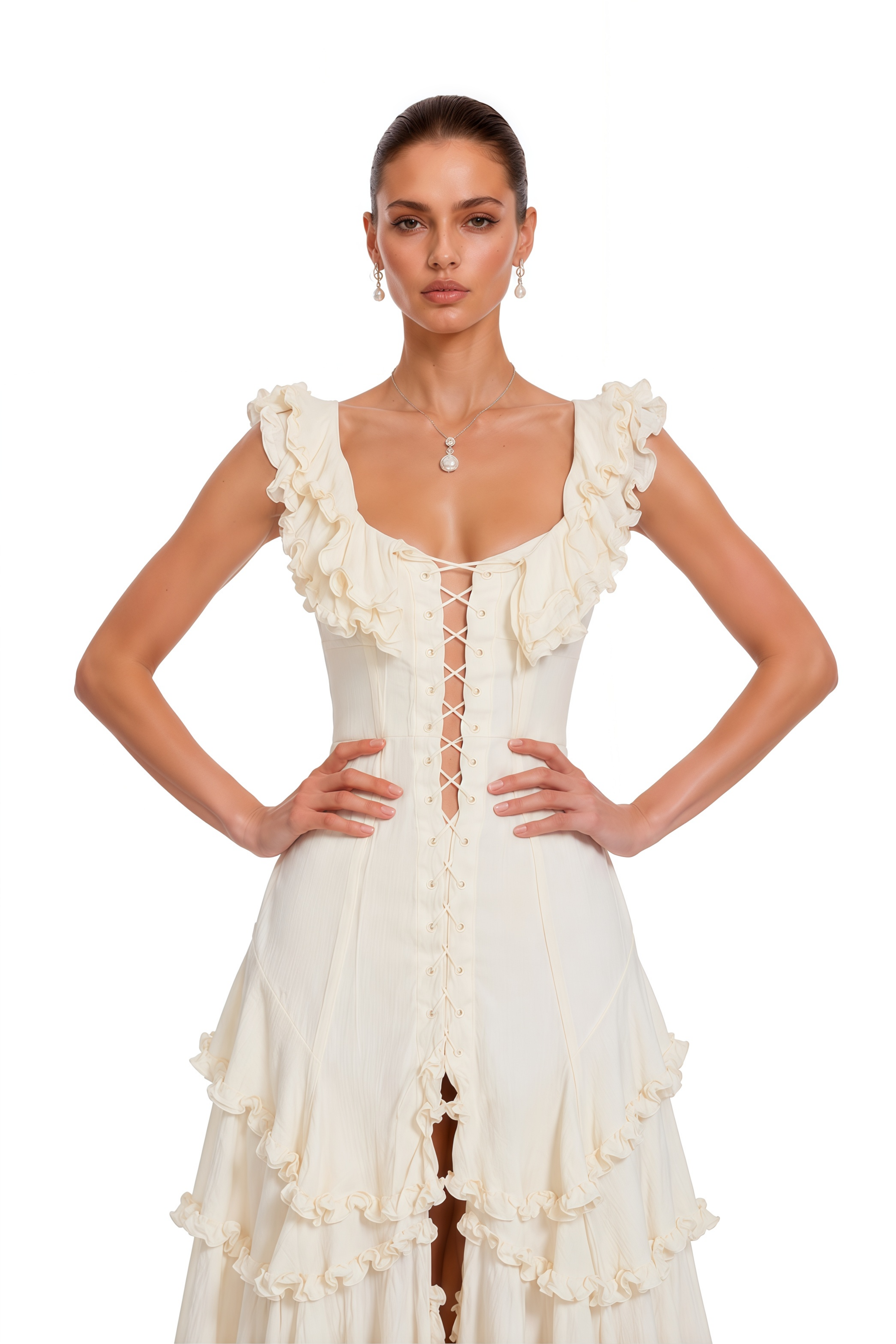 Kaelin White Ruffle Lace Up Tiered Flowy Maxi Dress