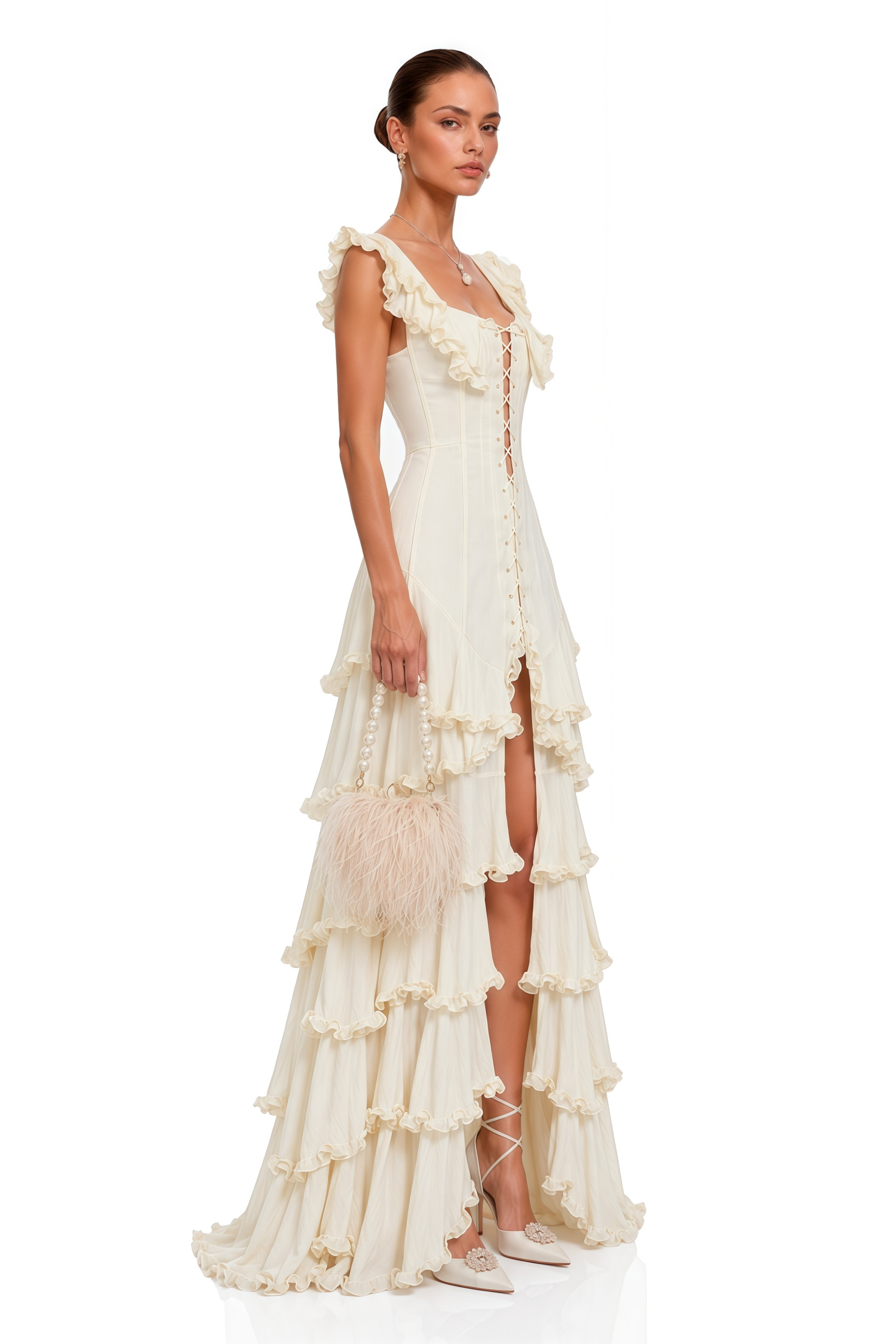 Kaelin White Ruffle Lace Up Tiered Flowy Maxi Dress