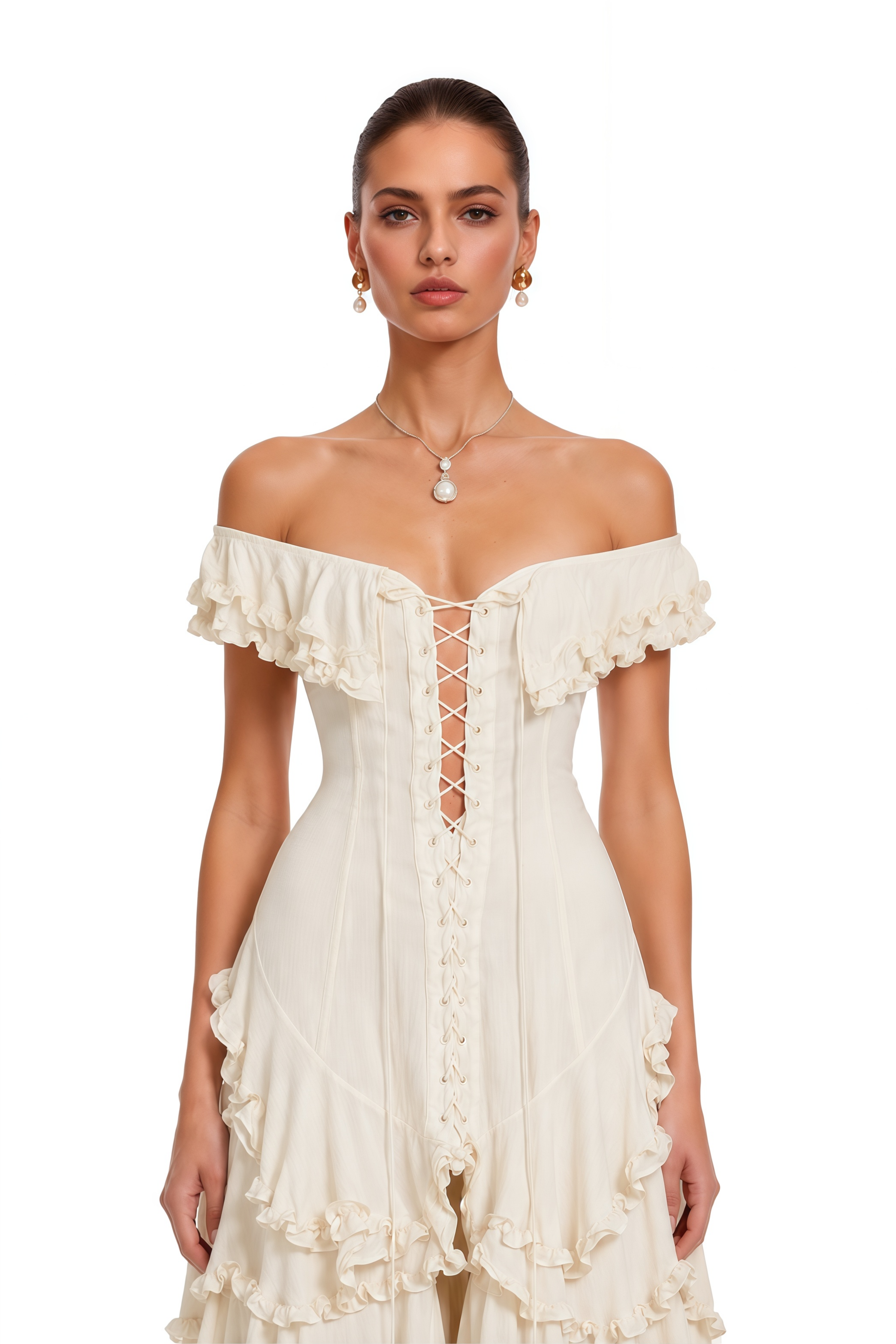 Kaelin White Ruffle Lace Up Tiered Flowy Maxi Dress