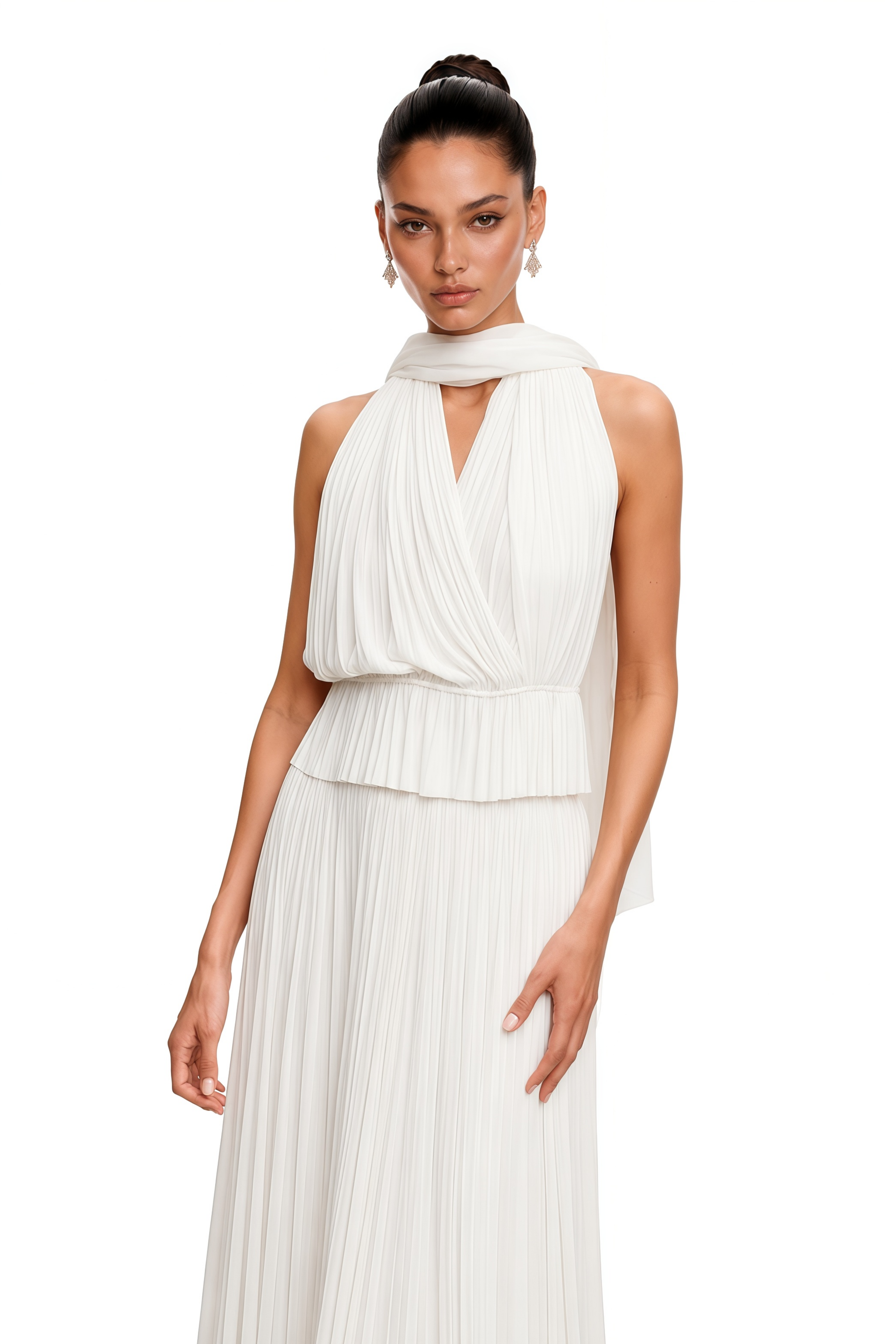 Kailany White Pleated Halterneck Top & Skirt Set